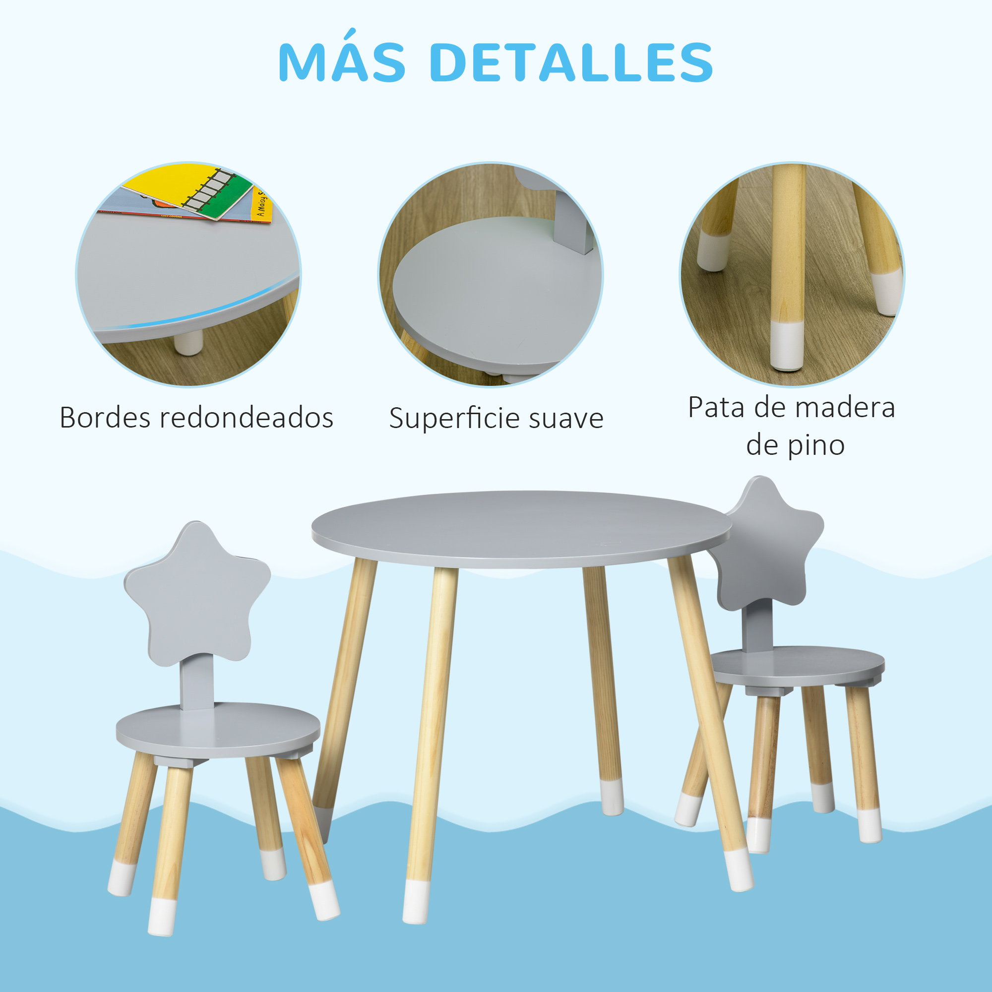 Mesa infantil gris y dos sillas con respaldo de estrella y patas de madera.