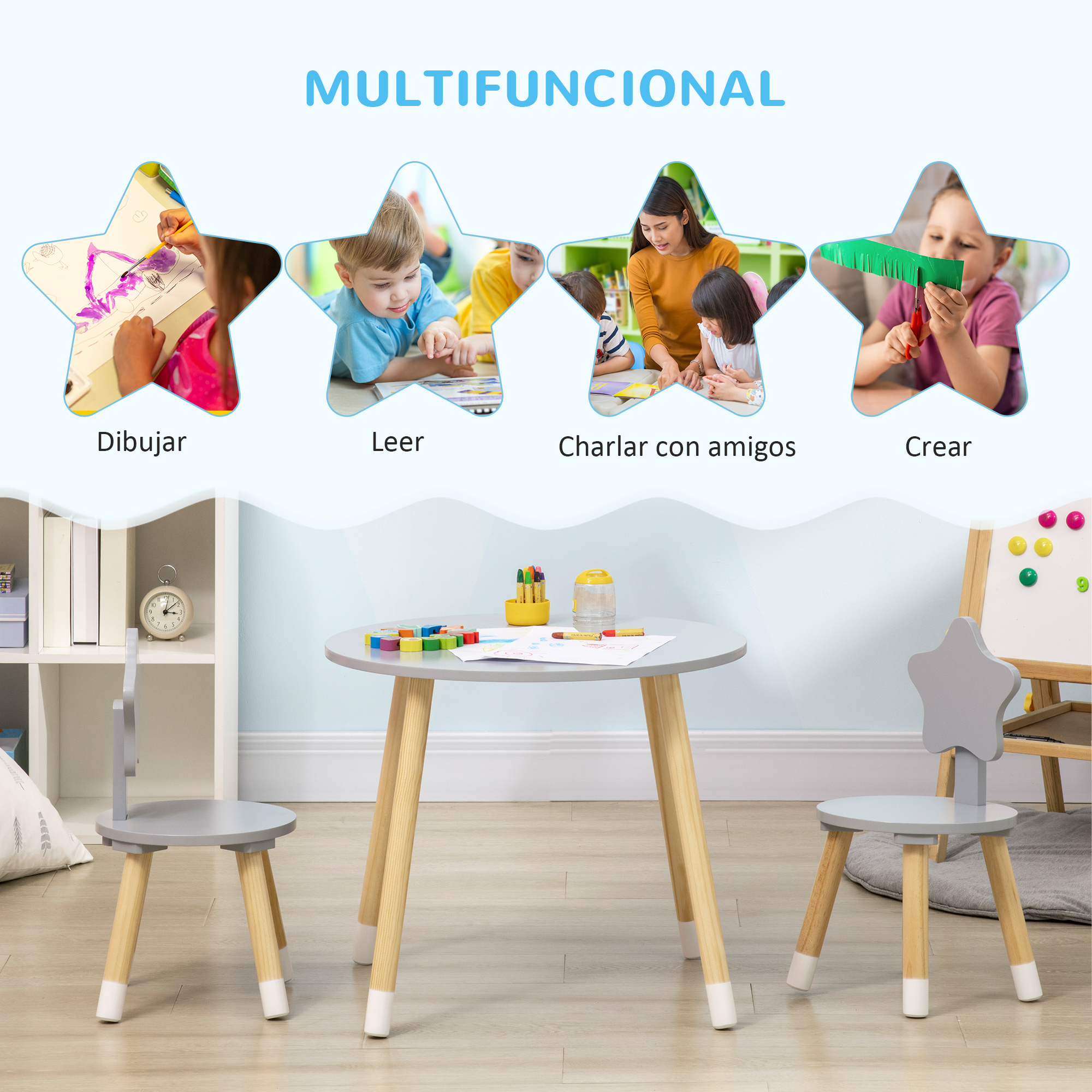Cuatro estrellas muestran niños pintando, leyendo, hablando y creando. Abajo, mesa infantil con sillas.