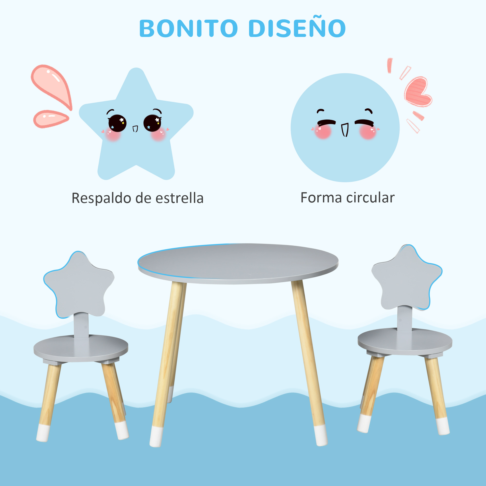 Una mesa infantil gris con dos sillas con respaldo de estrella sobre fondo azul.