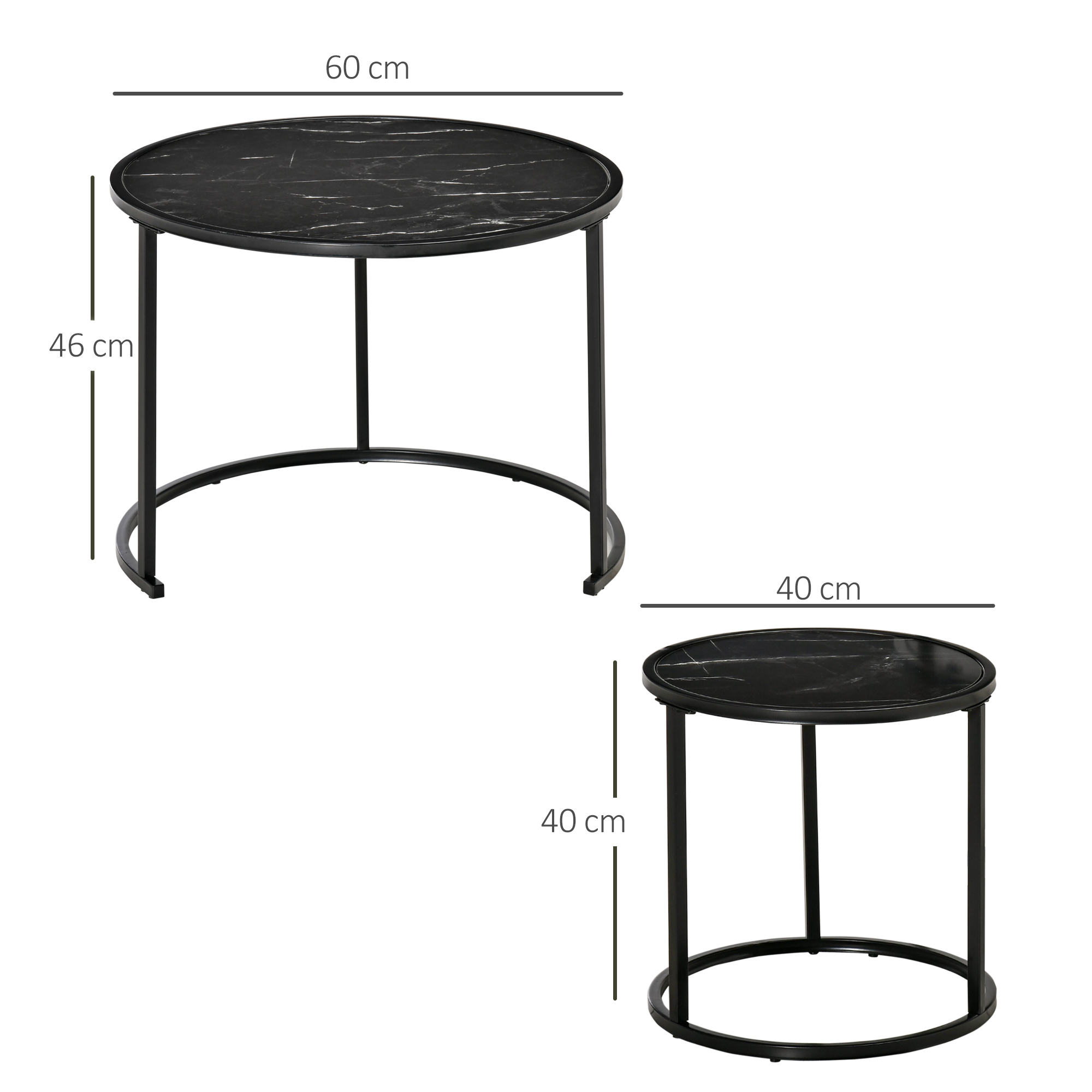 Dos mesas auxiliares negras de mármol con patas de metal. Una mide 60x46cm, la otra 40x40cm.