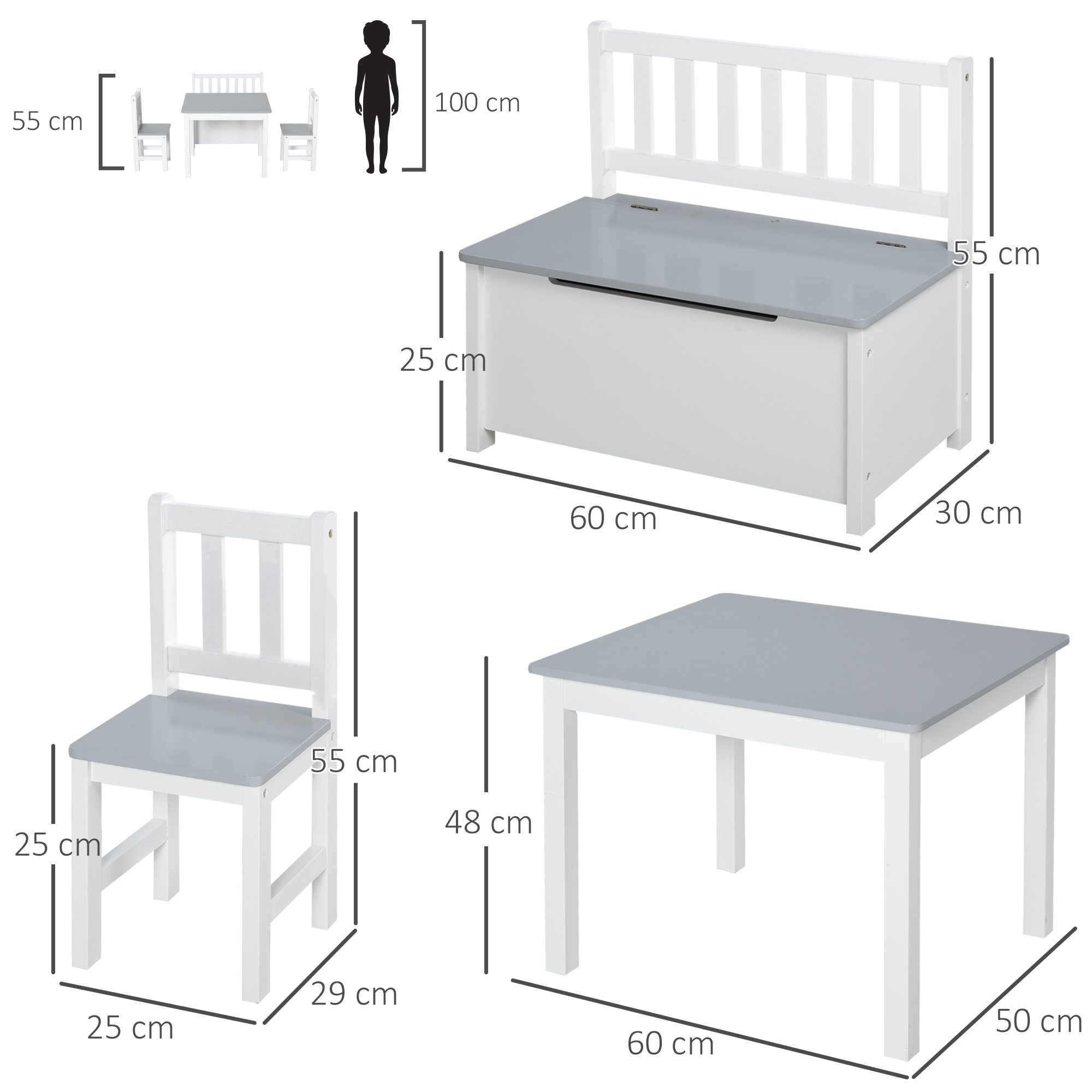 Conjunto de muebles infantiles con mesa, 2 sillas y baúl. Blanco y gris.