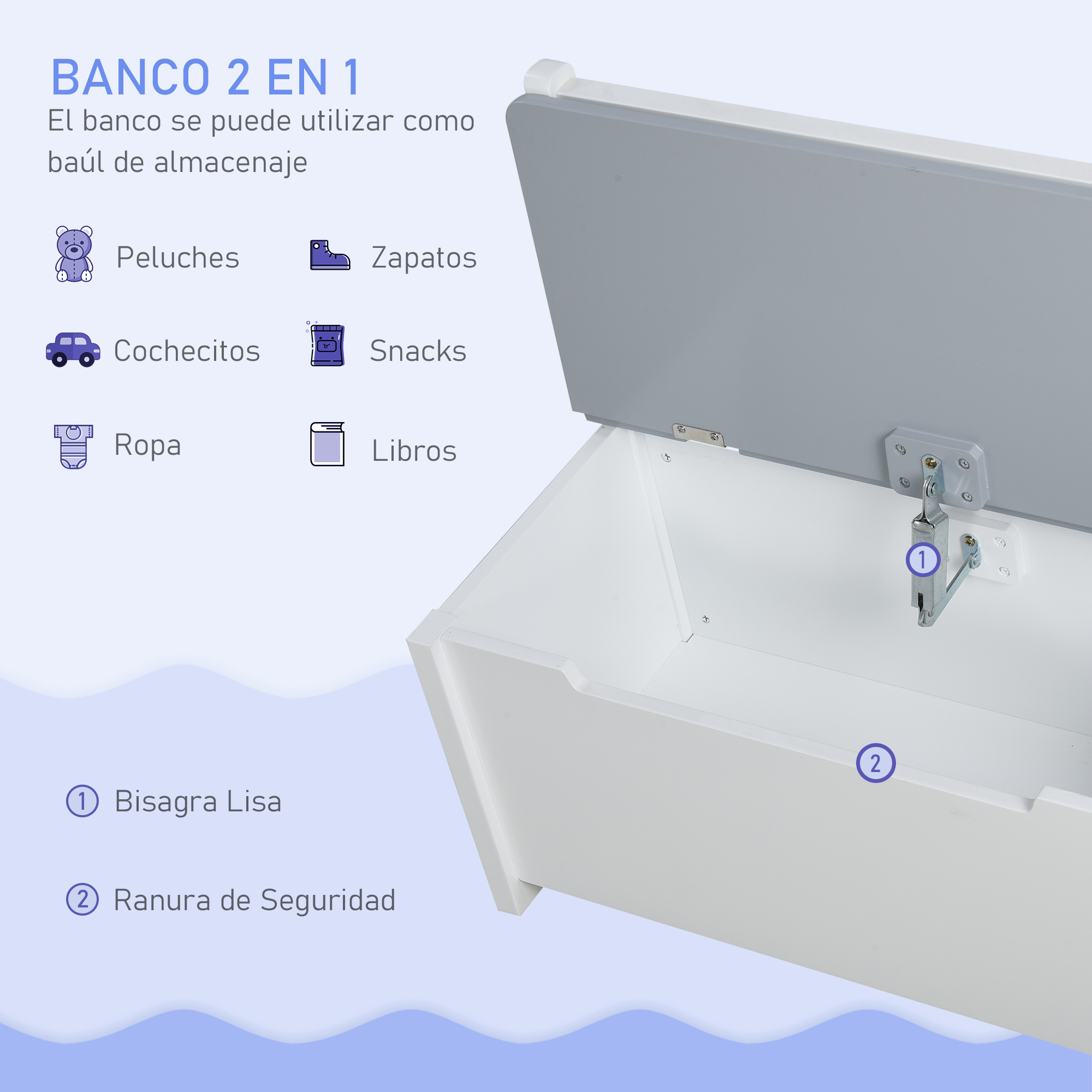Un banco blanco de almacenaje con tapa abierta, mostrando su capacidad para guardar objetos.