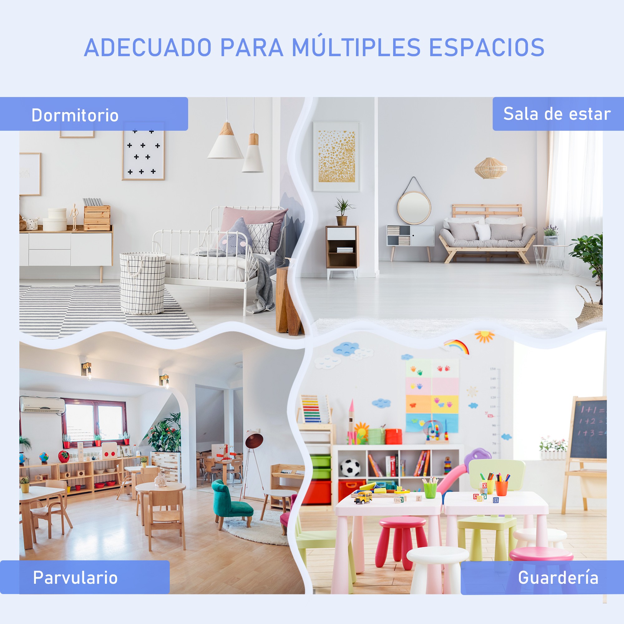 Cuatro habitaciones: dormitorio, sala de estar, guardería y parvulario con muebles.