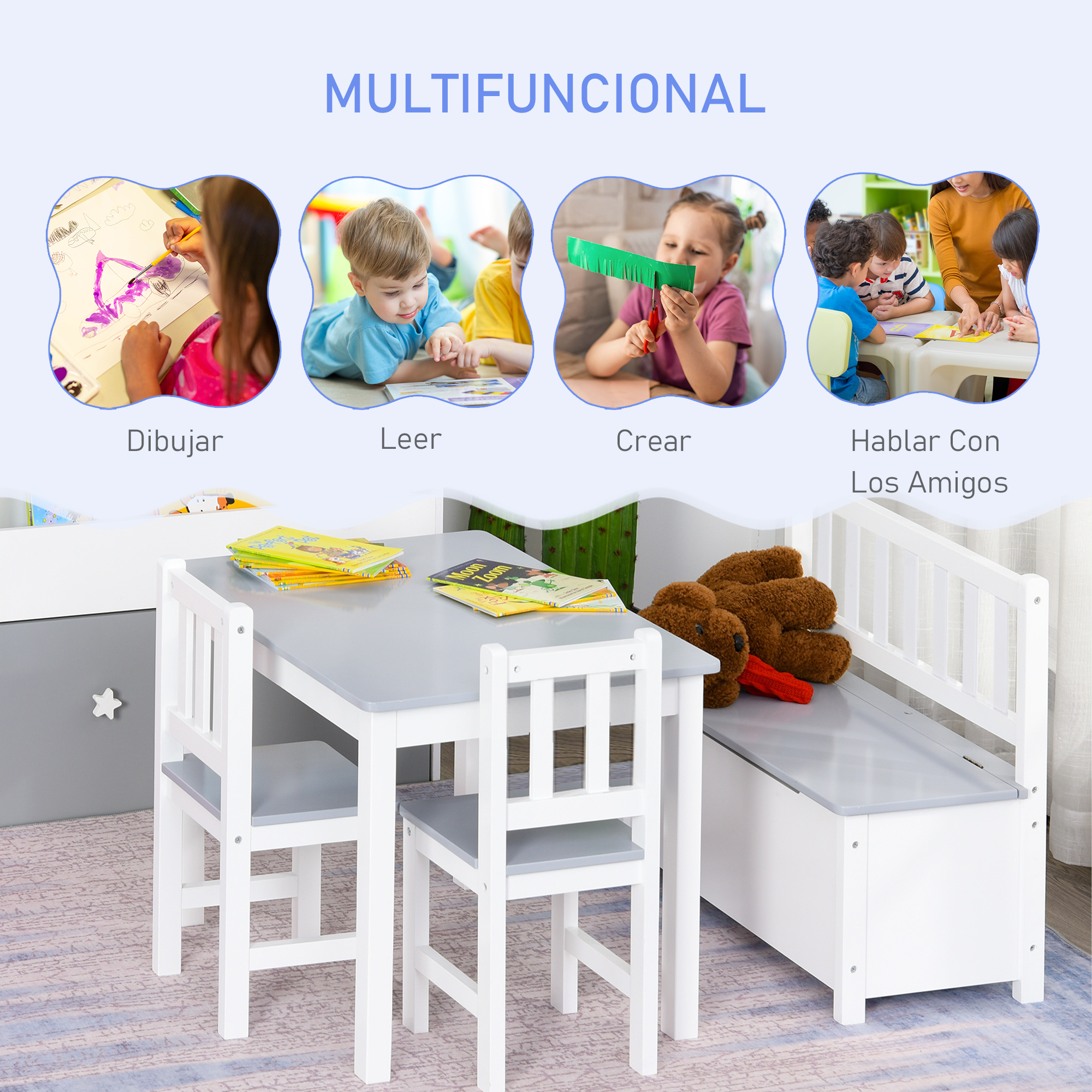 Cuatro paneles muestran niños dibujando, leyendo, cortando papel y hablando. Se ven mesa y sillas.
