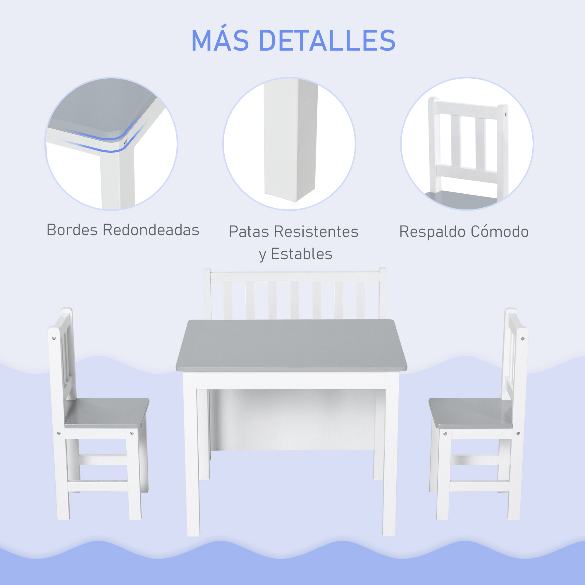Mesa infantil blanca con dos sillas, con primeros planos de detalles.