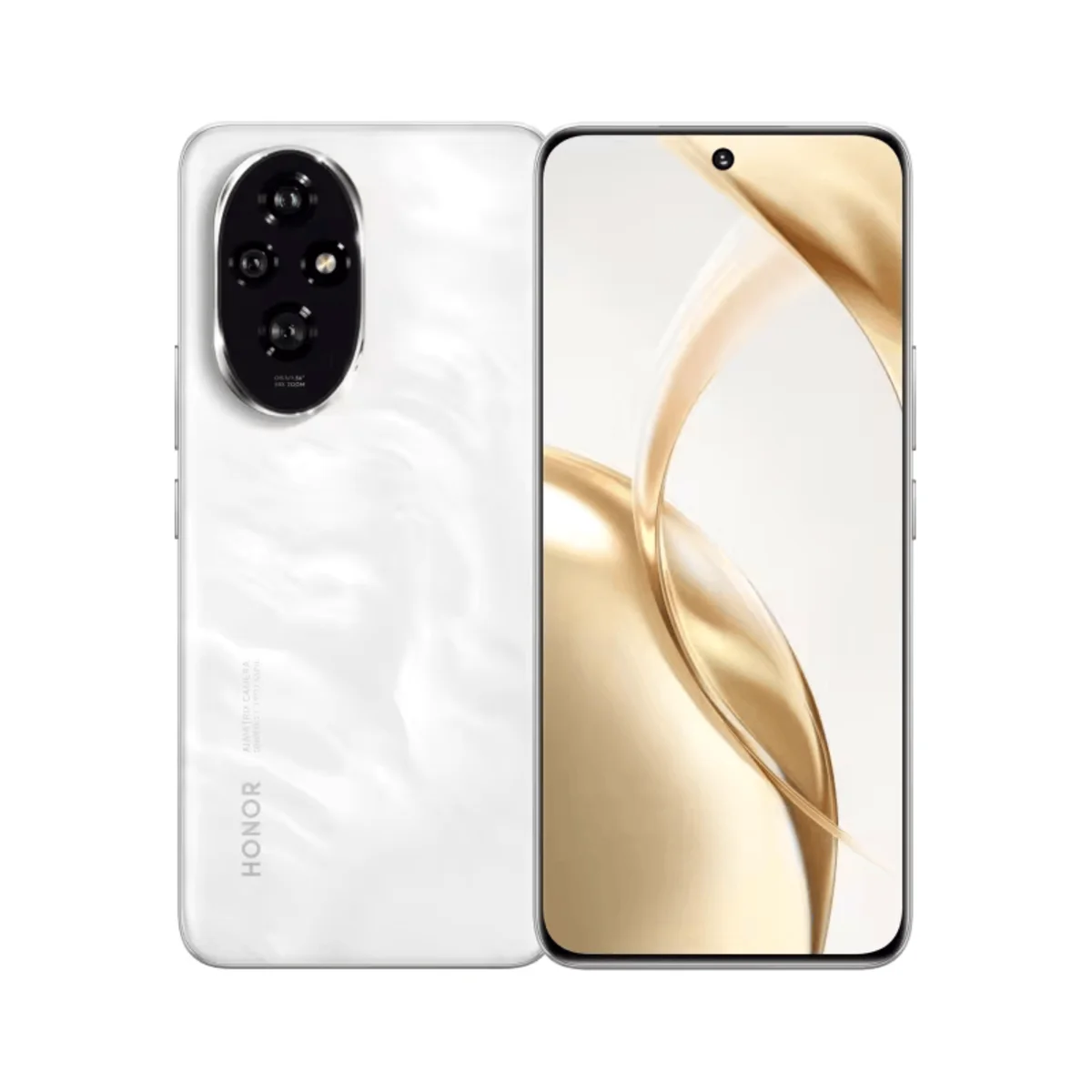 Ein weißes Smartphone mit einem ovalen Kameramodul auf der Rückseite und einem goldenen Wellenmuster auf dem Bildschirm.