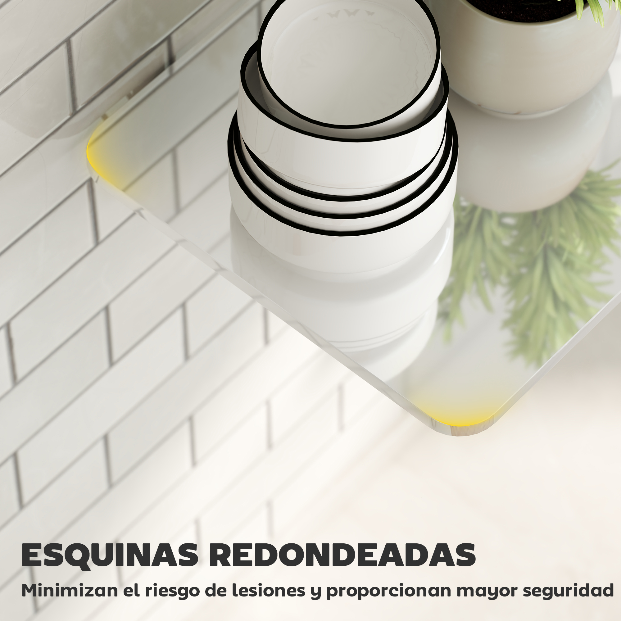 Una pila de cuencos blancos sobre un estante de vidrio con esquinas amarillas.