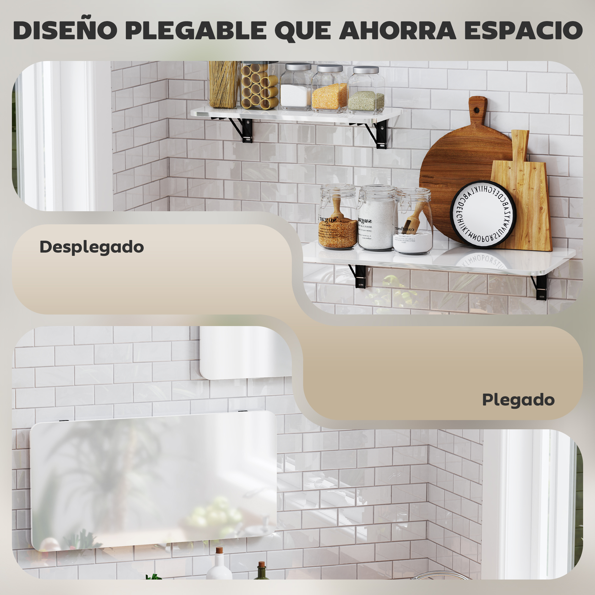 Estante plegable con artículos de cocina: mostrado extendido y plegado.
