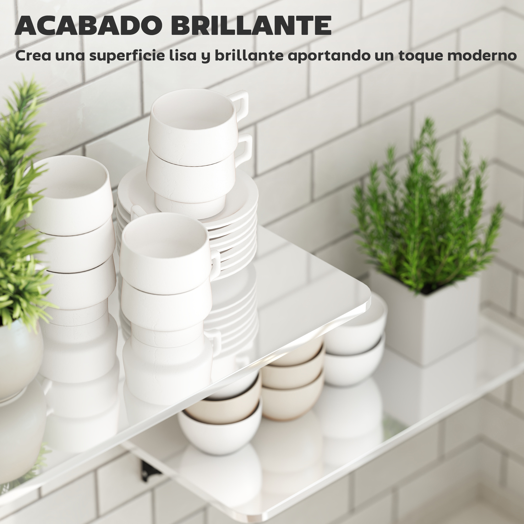Tazas y cuencos blancos en estantes de cristal frente a una pared de baldosas.