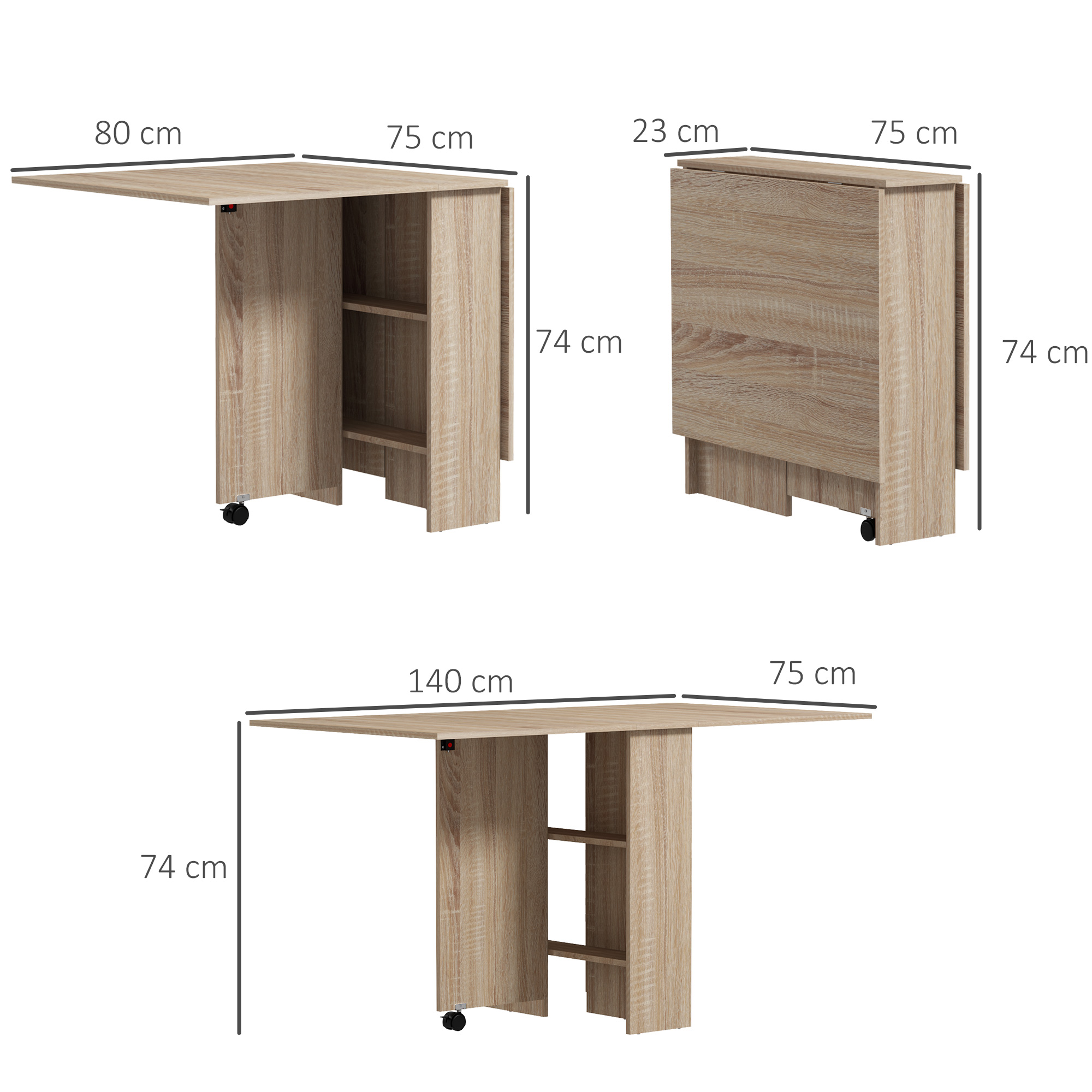 Una mesa de madera plegable con ruedas, dimensiones mostradas.