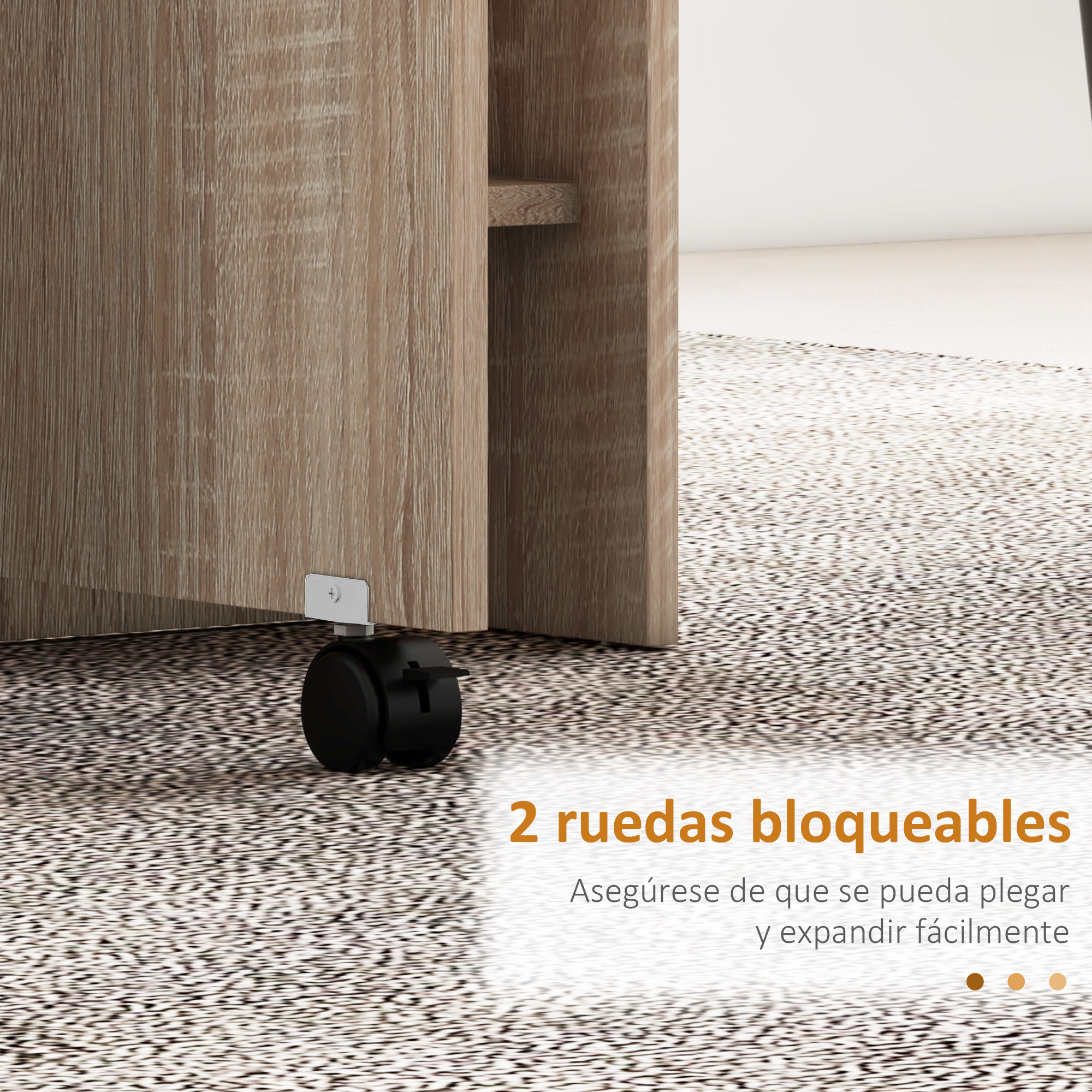 Mueble de madera con dos ruedas negras y palanca blanca.