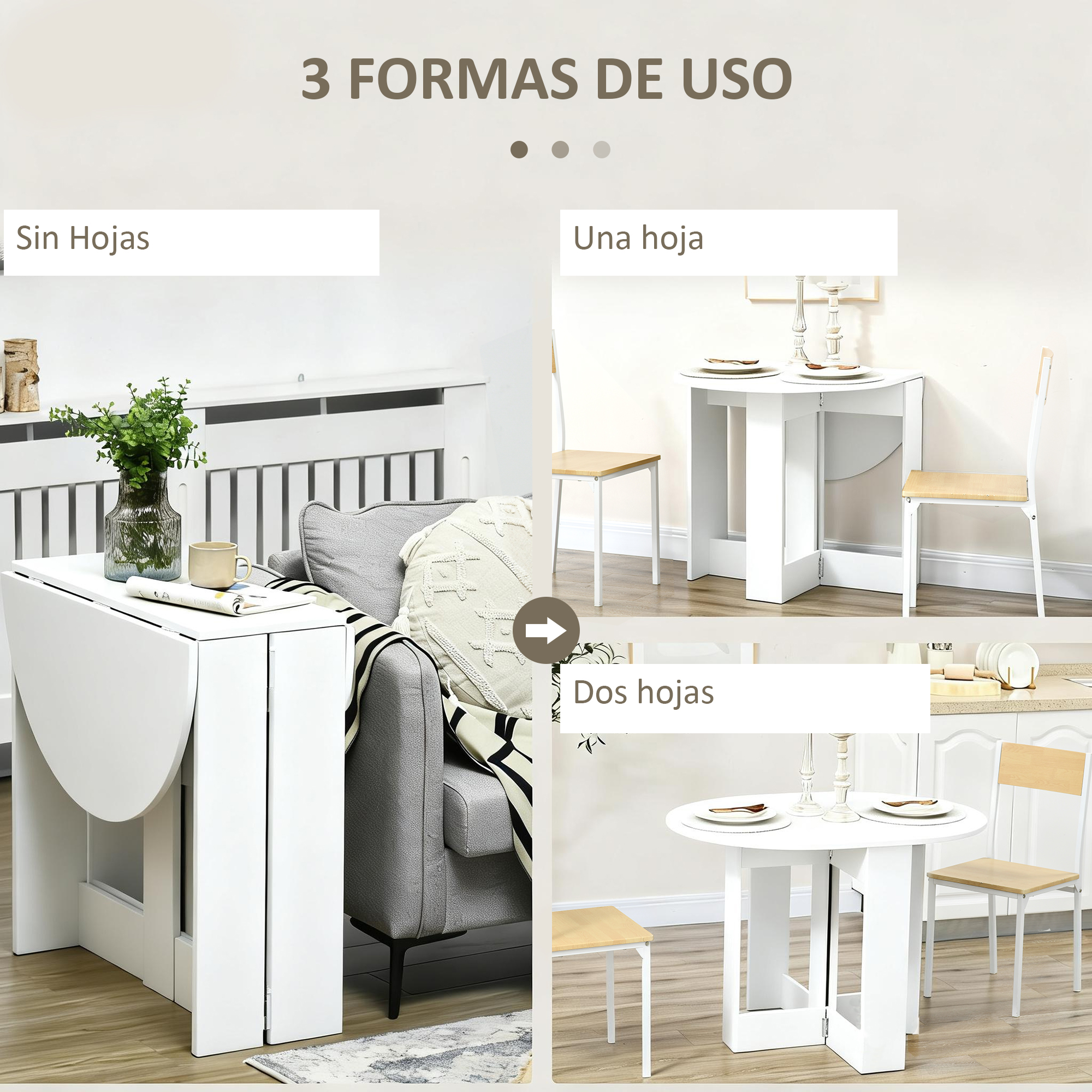 Una mesa de comedor blanca mostrada en tres configuraciones: plegada, semiabierta y completamente abierta, con sillas.