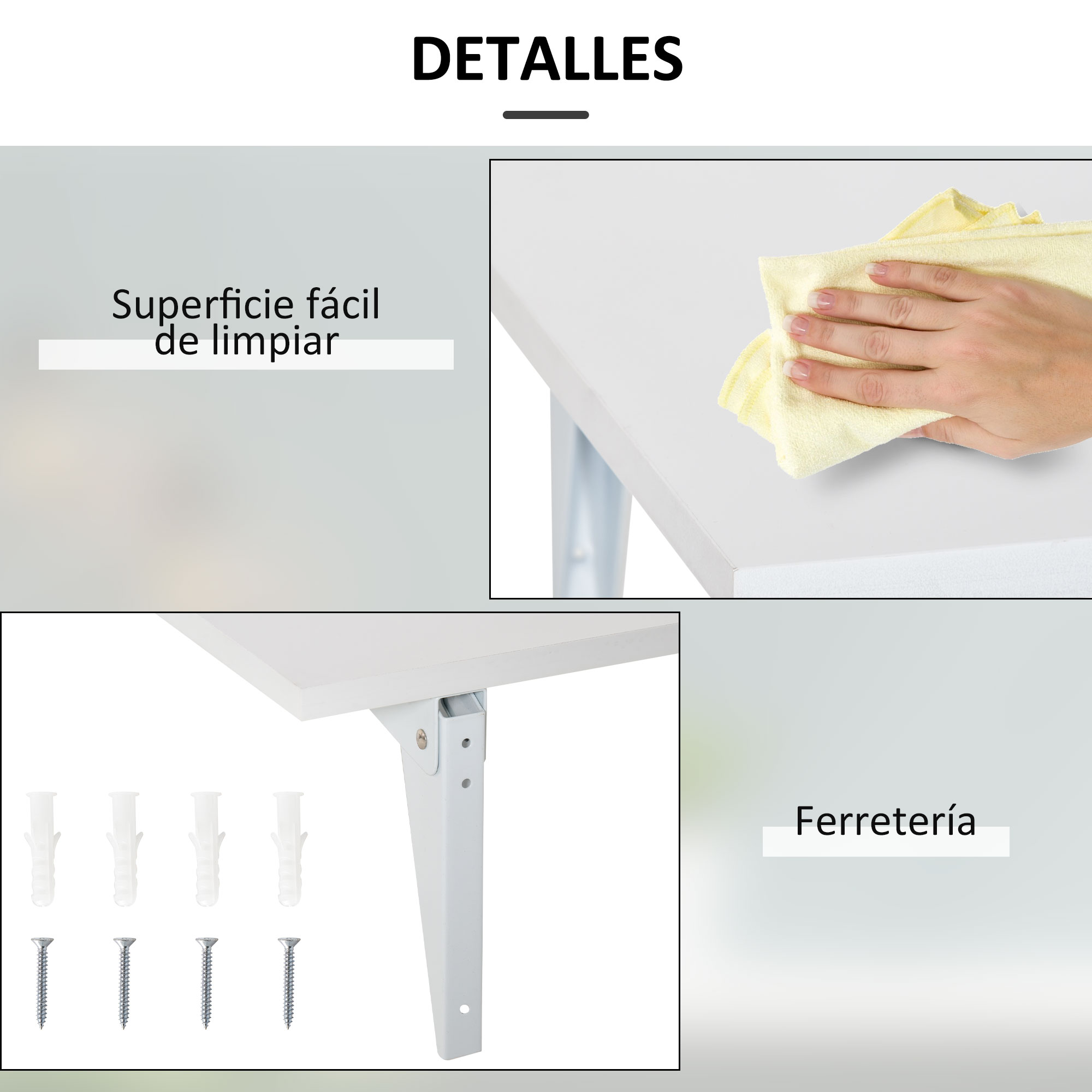 Limpieza de superficie blanca con paño amarillo; tornillos y tacos.