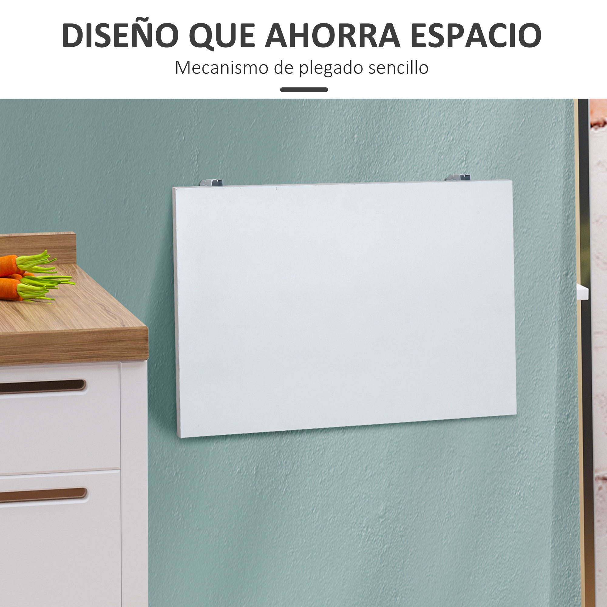 Un blanco mesa plegable está montado en una pared turquesa. Al lado hay un mueble de cocina.
