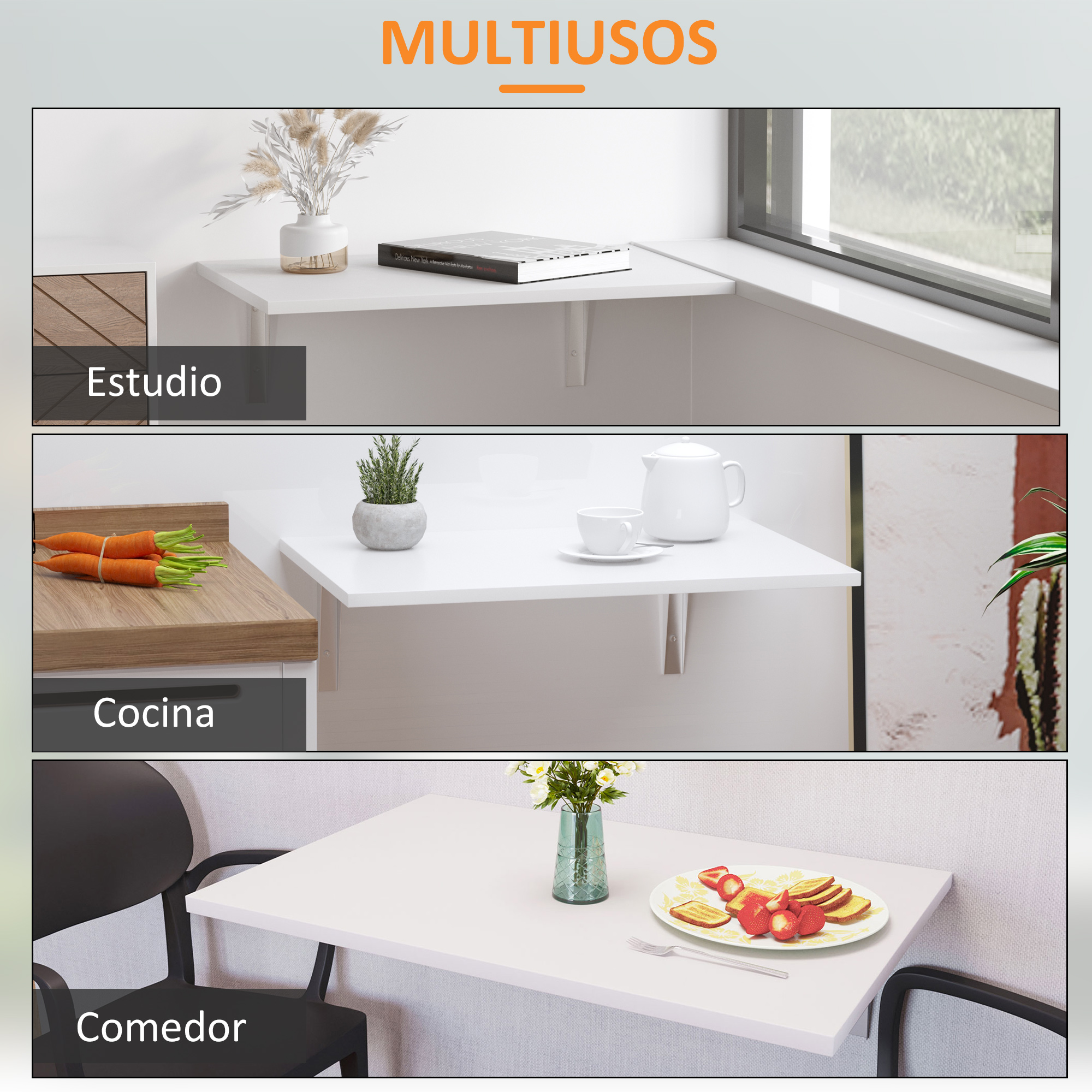 Un collage de tres escenas: estudio, cocina y comedor con mesas abatibles.