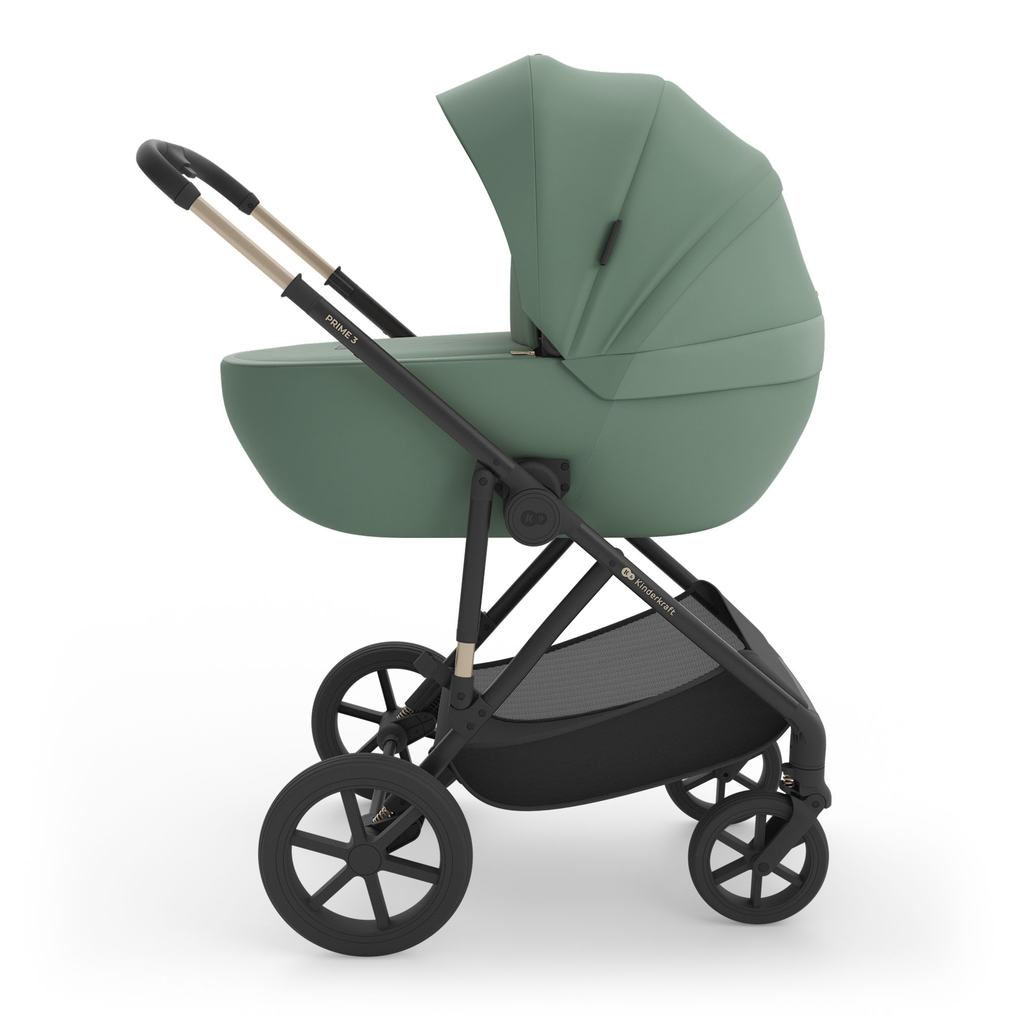 Ein Kinderwagen mit grünem Verdeck und schwarzem Gestell auf weißem Hintergrund.