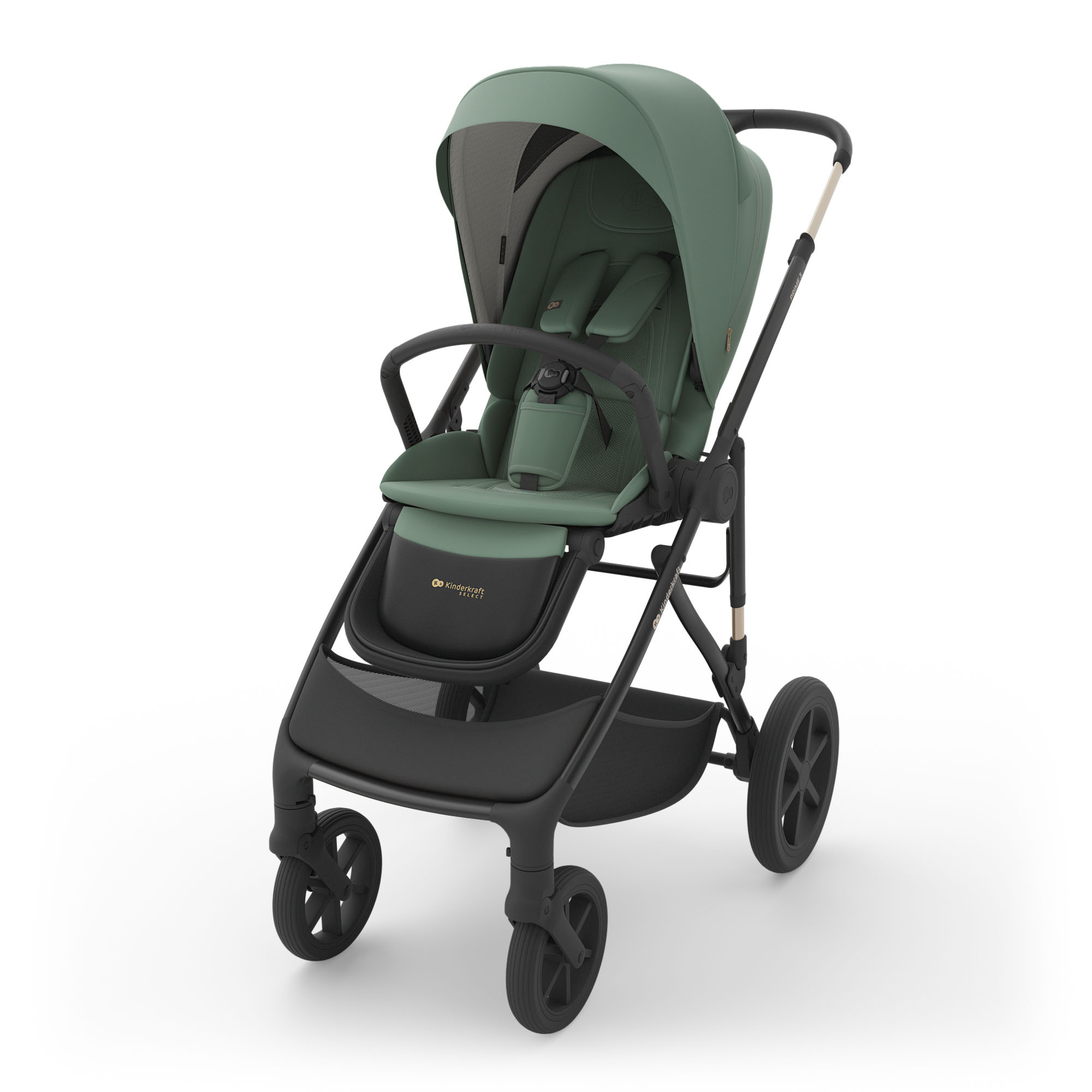 Ein grüner Kinderwagen mit schwarzem Rahmen und Rädern, mit Sitz und Verdeck.