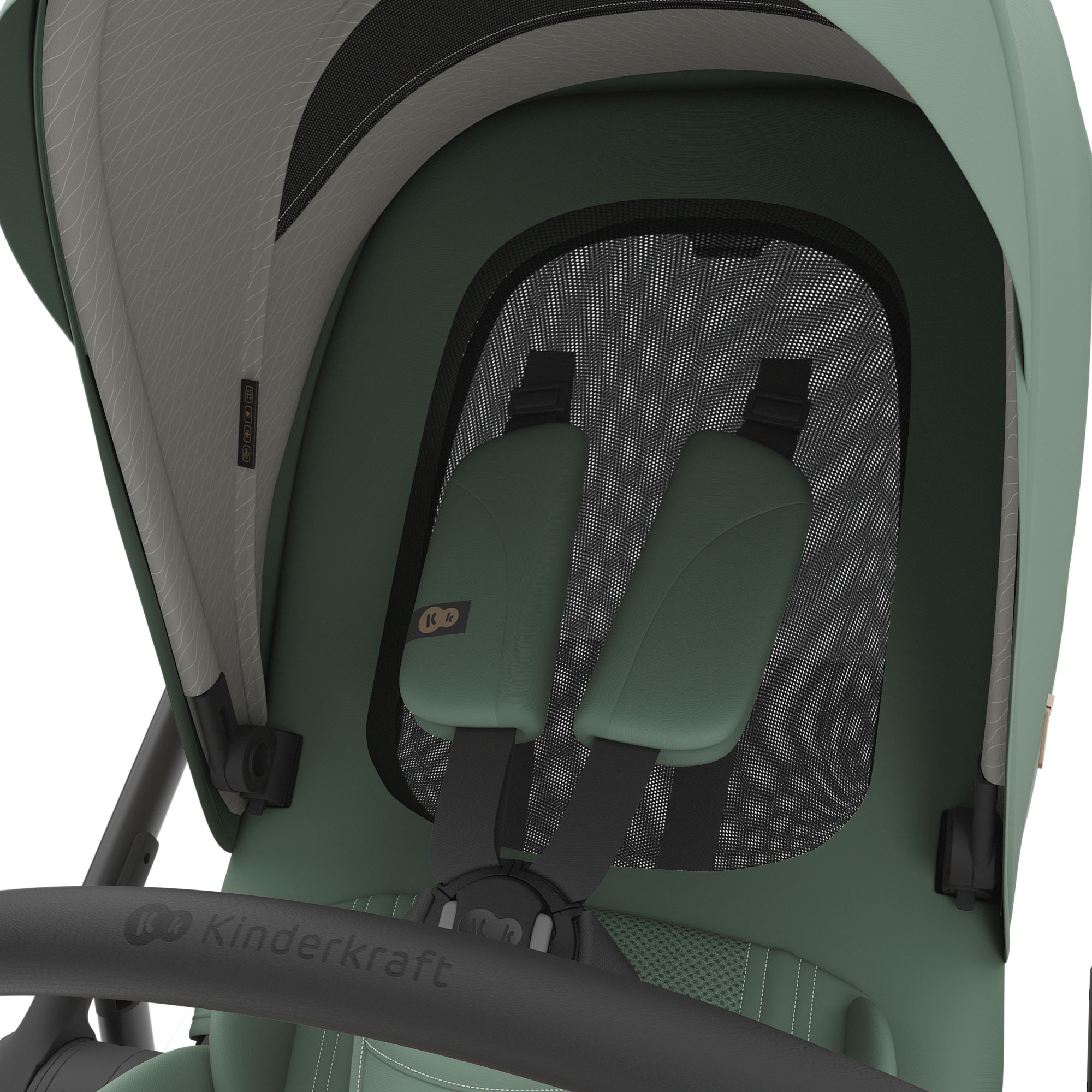 Grüner Kinderwagen-Innenraum mit Gurten und Mesh-Fenster.