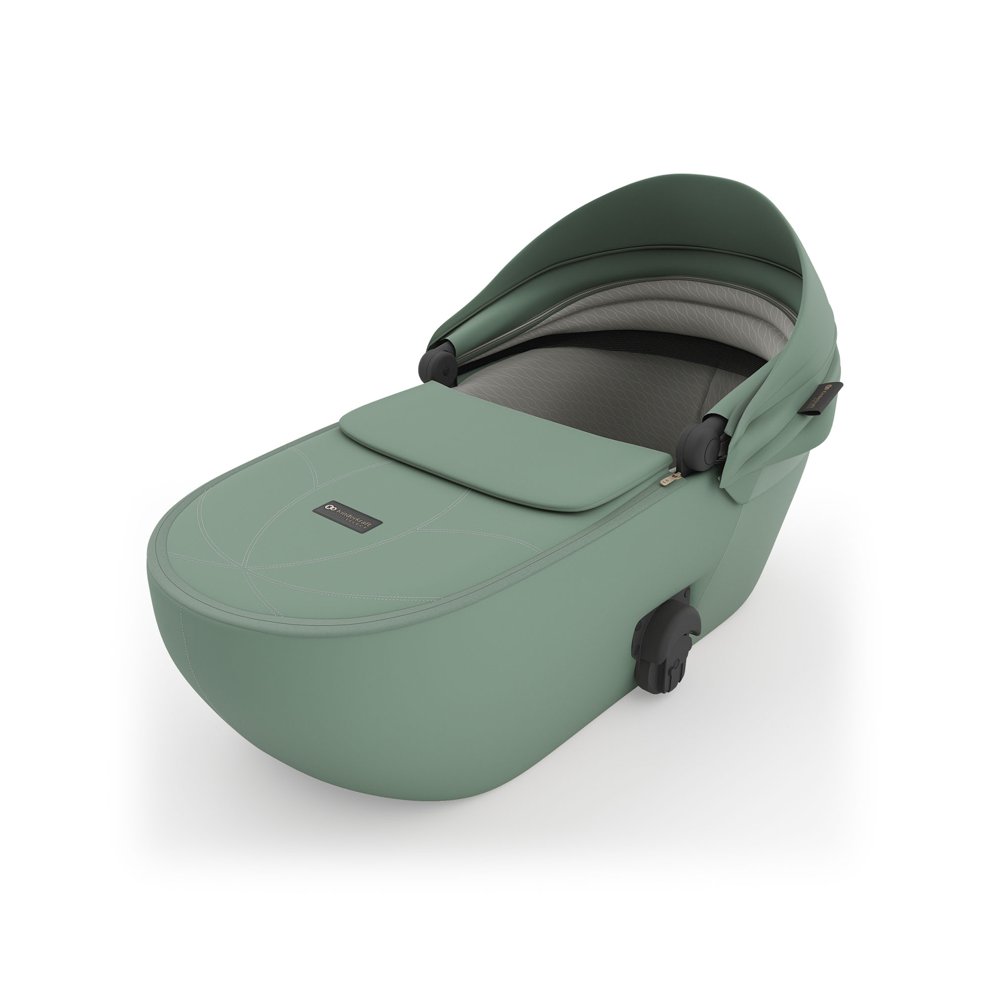 Ein grüner Kinderwagenaufsatz mit Verdeck und Reißverschluss.