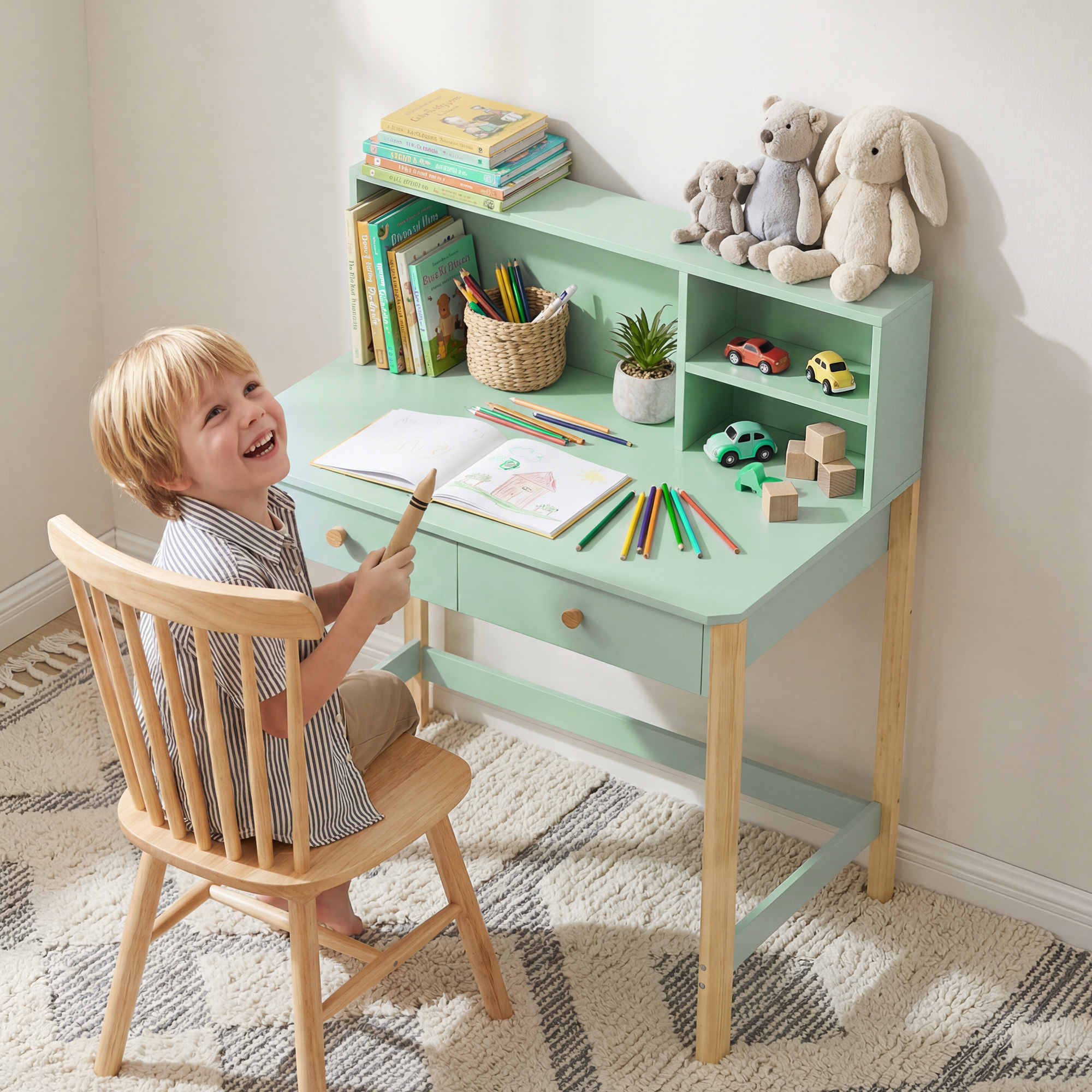Un niño se sienta en un escritorio verde menta con juguetes y libros. Se está riendo.