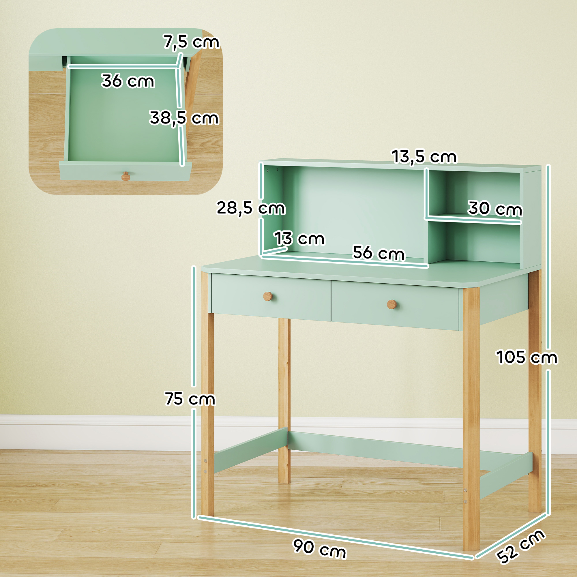 Un escritorio verde menta con cajones y estantes, con dimensiones indicadas.