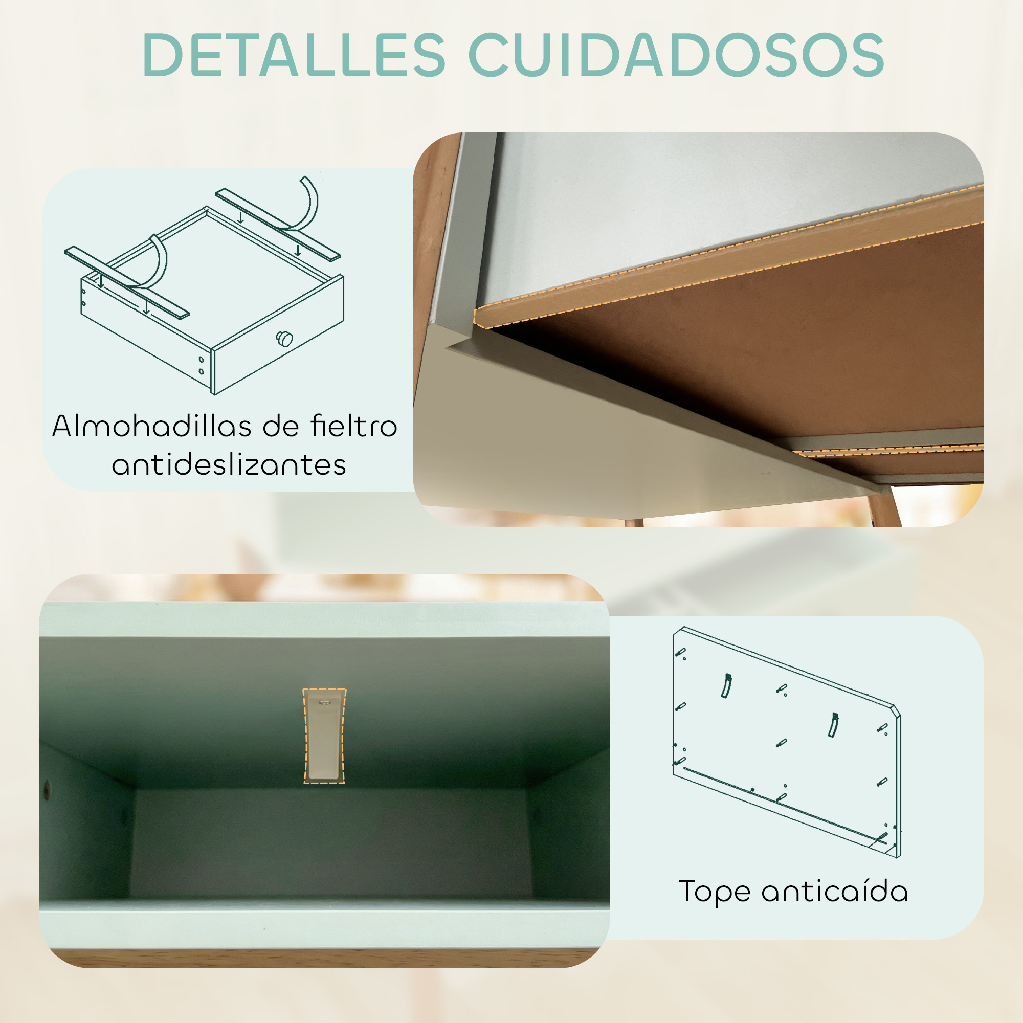 Ilustraciones de partes de muebles: almohadillas de fieltro y tope anticaída.