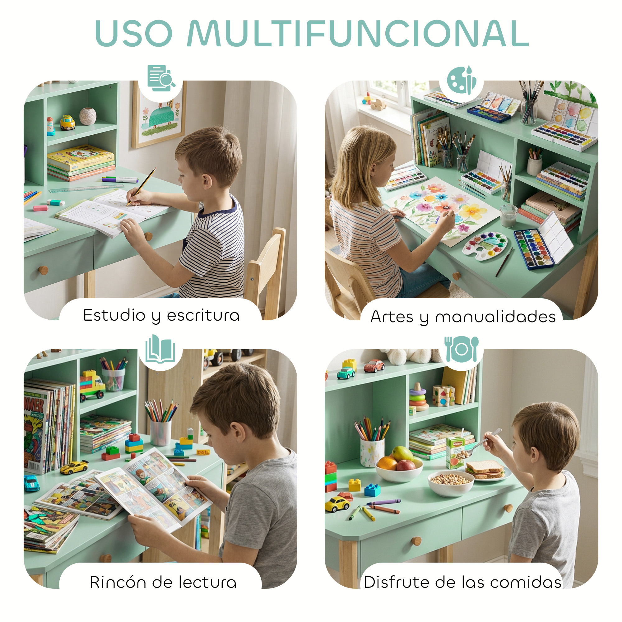 Cuatro escenas de un escritorio infantil: estudio, arte, lectura y comida.