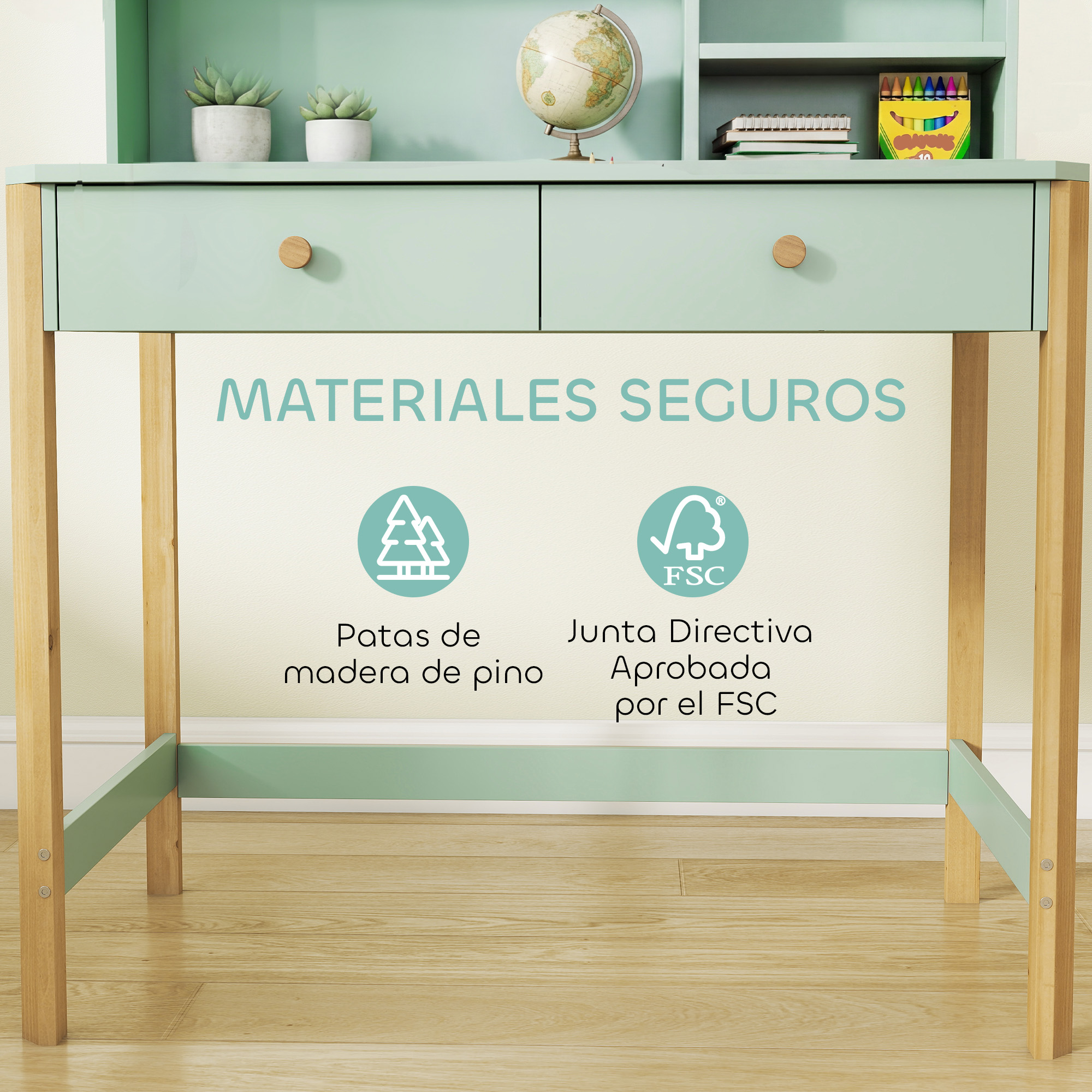 Un escritorio verde con patas de madera, cajones, plantas y un globo.