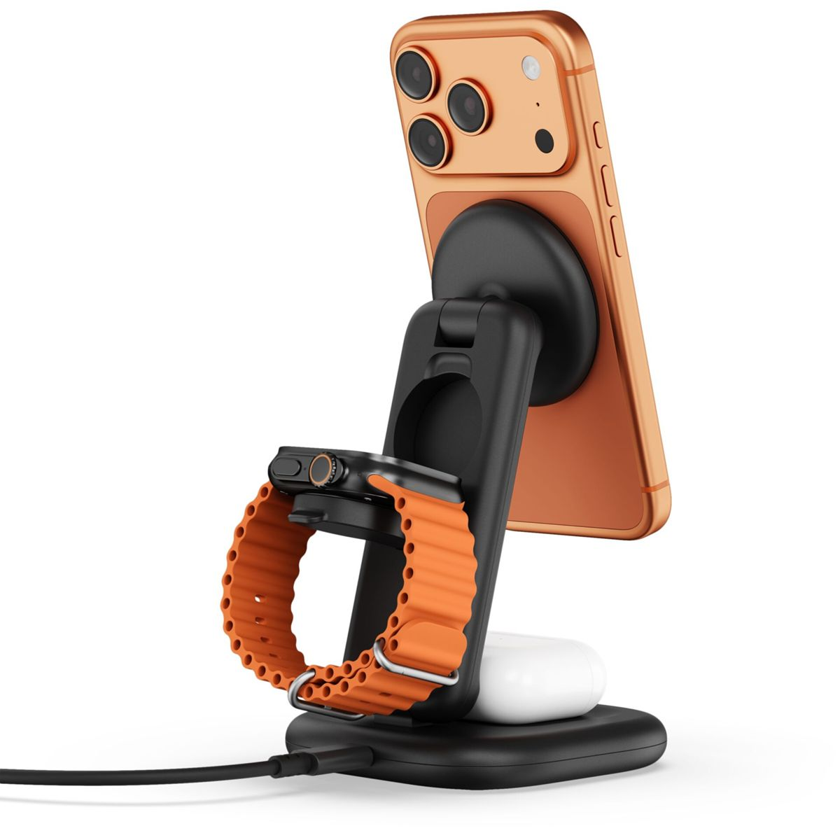 Ein orangefarbenes iPhone und eine Smartwatch werden auf einem schwarzen Ladeständer geladen.