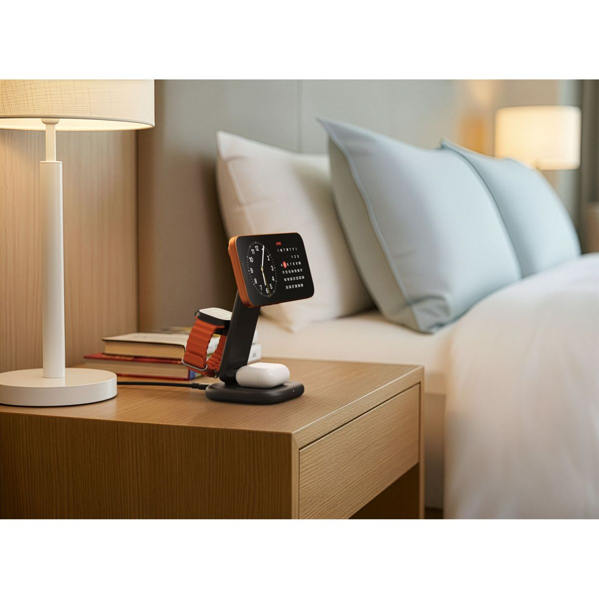 Ein Nachttisch enthält eine Ladestation mit Smartwatch und Ohrhörern. Links steht eine Lampe.
