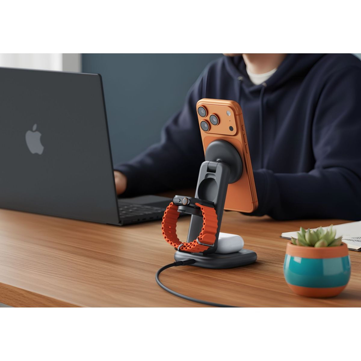Ein Mann arbeitet an einem Laptop, daneben ein Ladegerät mit Handy, Uhr und Kopfhörern.