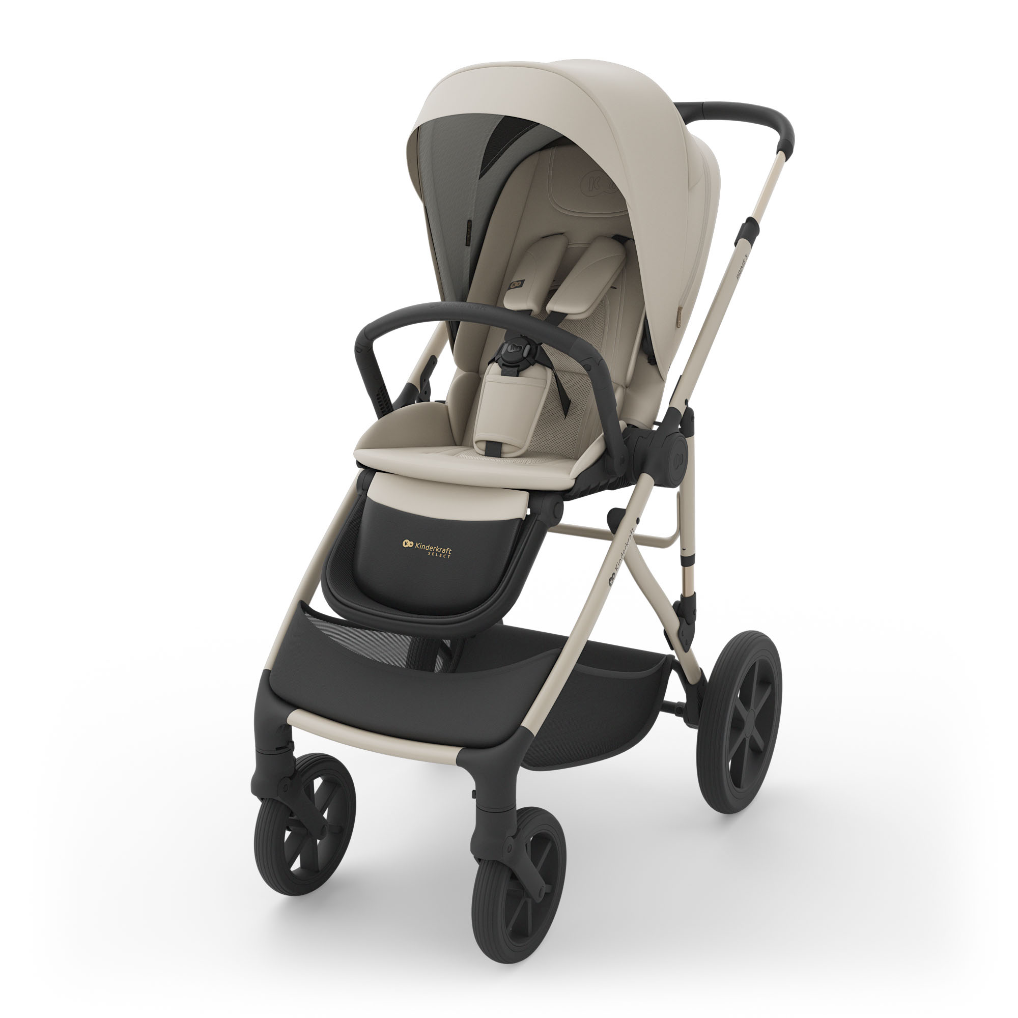 Ein beiger Kinderwagen mit schwarzem Sitz, Rädern und Griff.