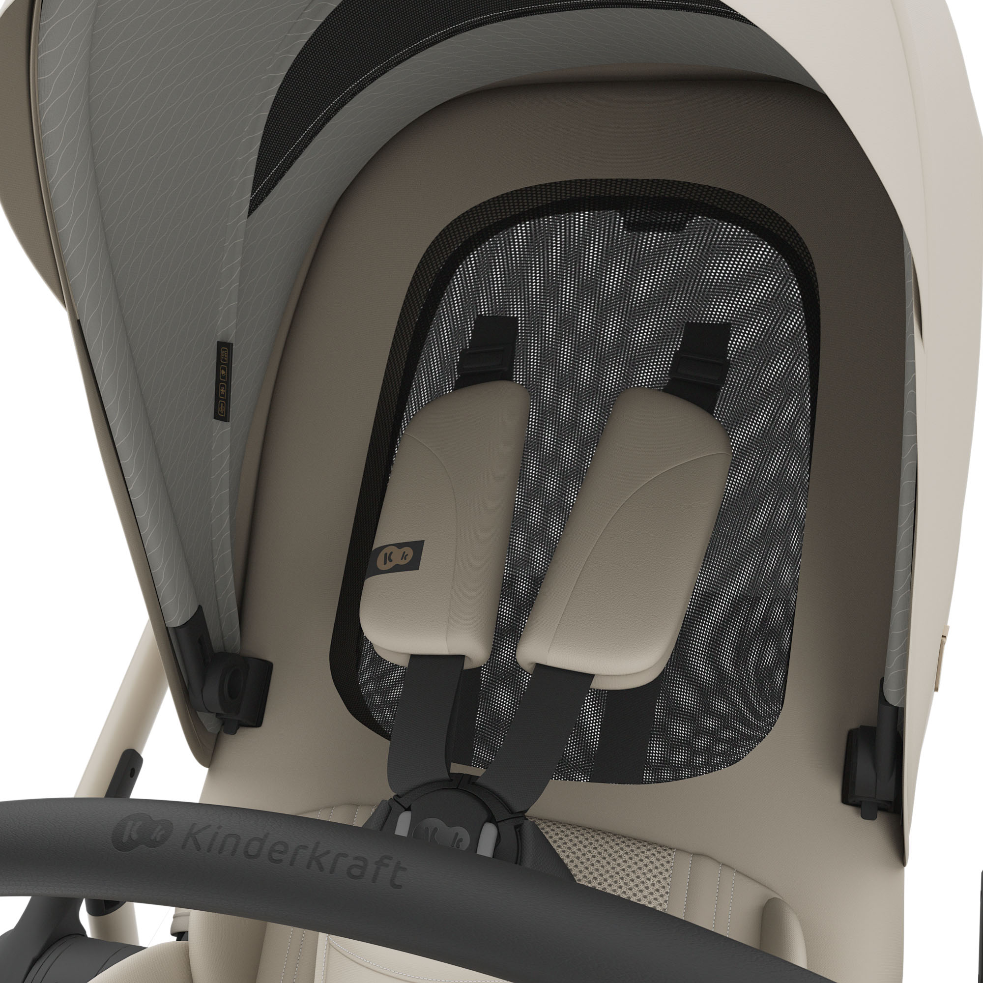 Innenansicht eines Kinderwagens mit Gurten und Netzfenster.