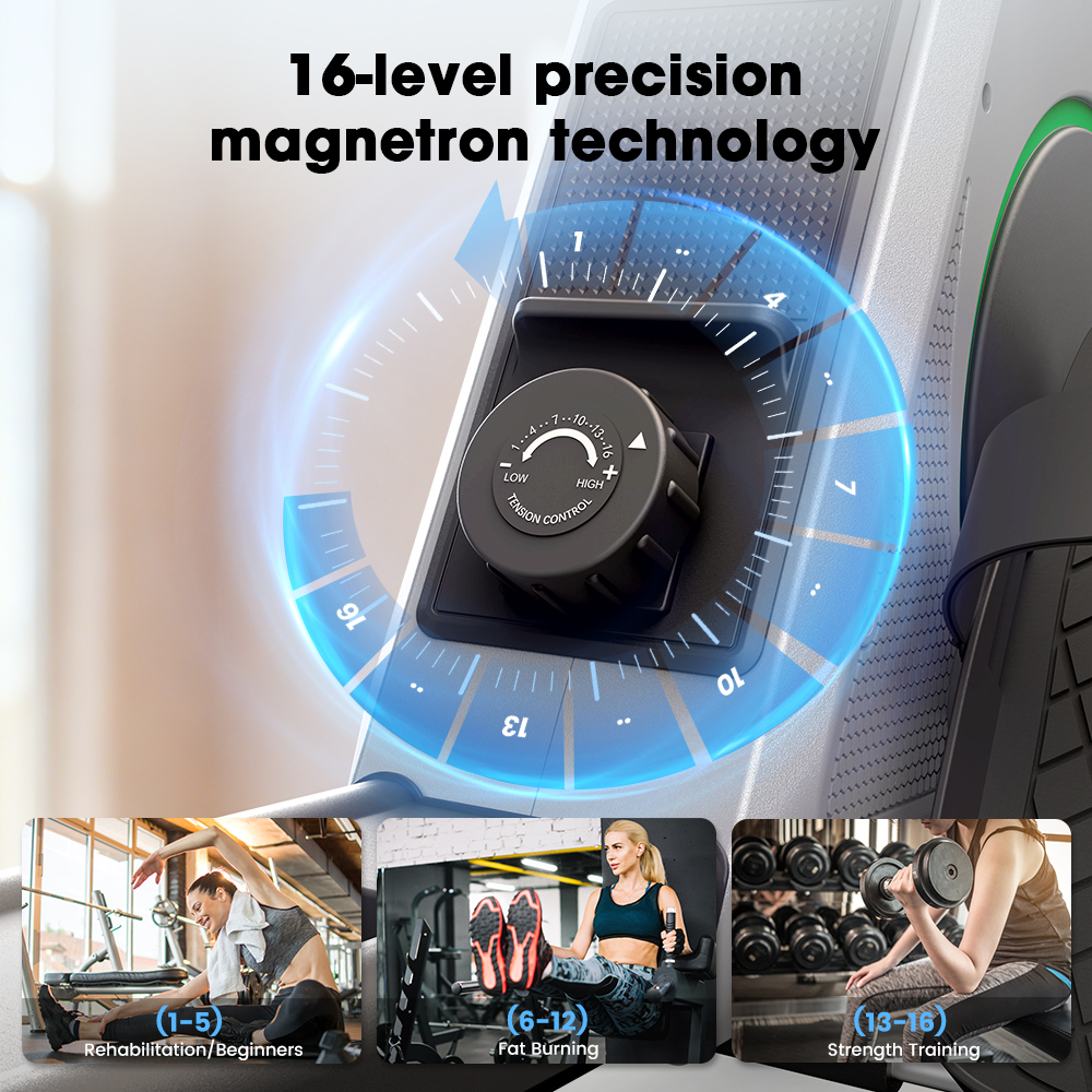 Cyclette con tecnologia magnetron a 16 livelli e tre modalità di allenamento.