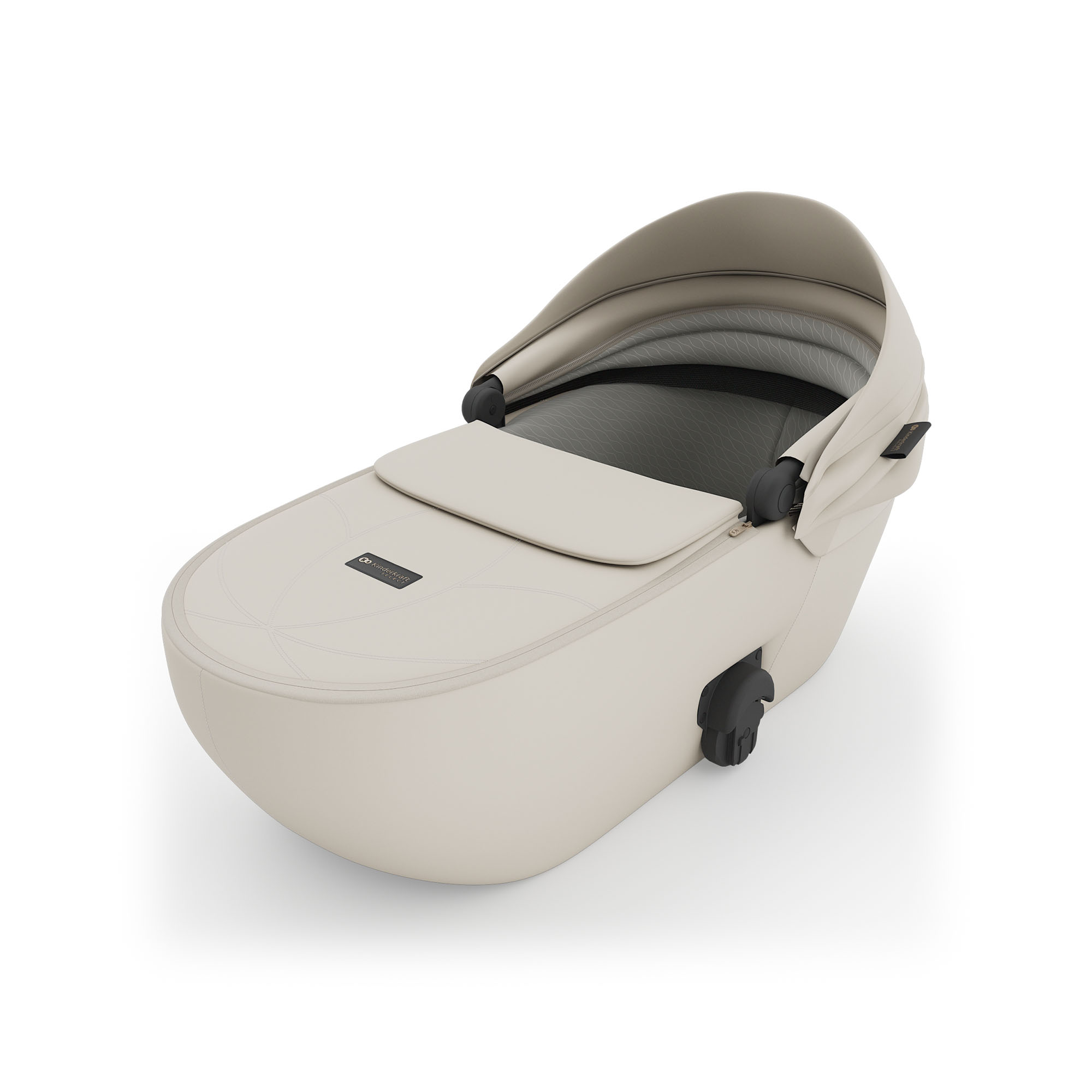 Eine beige Babytragetasche mit Kapuze und Reißverschluss, auf weißem Hintergrund.