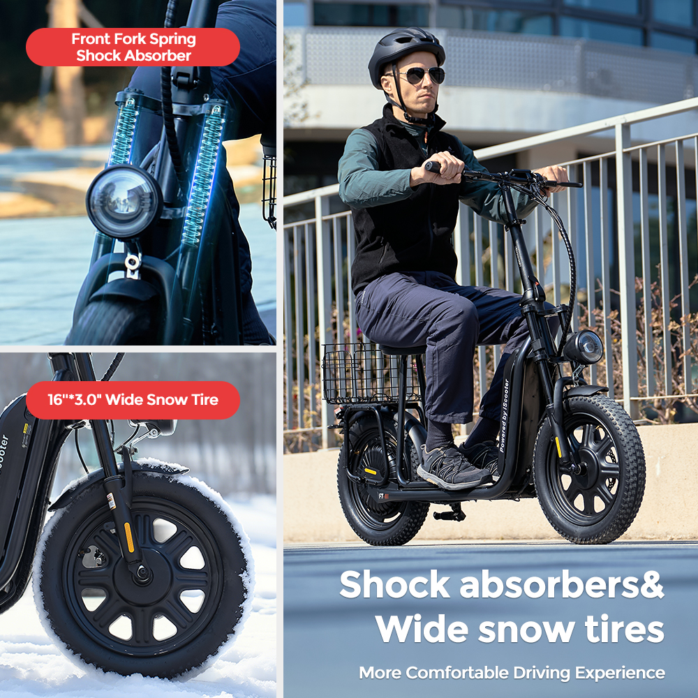 Uomo guida scooter elettrico con ammortizzatori forcella e pneumatici da neve larghi.