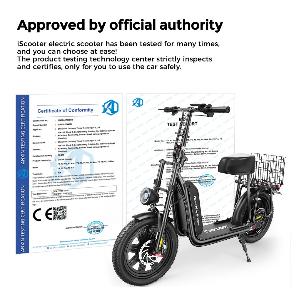 Uno scooter elettrico nero con portapacchi si trova accanto a un certificato.