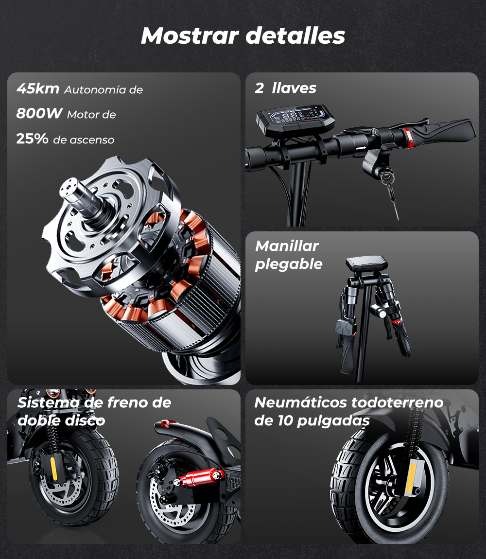 Dettagli: 45km autonomia, motore 800W, 25% salita, 2 chiavi, manubrio pieghevole, freno a disco, pneumatici 10".