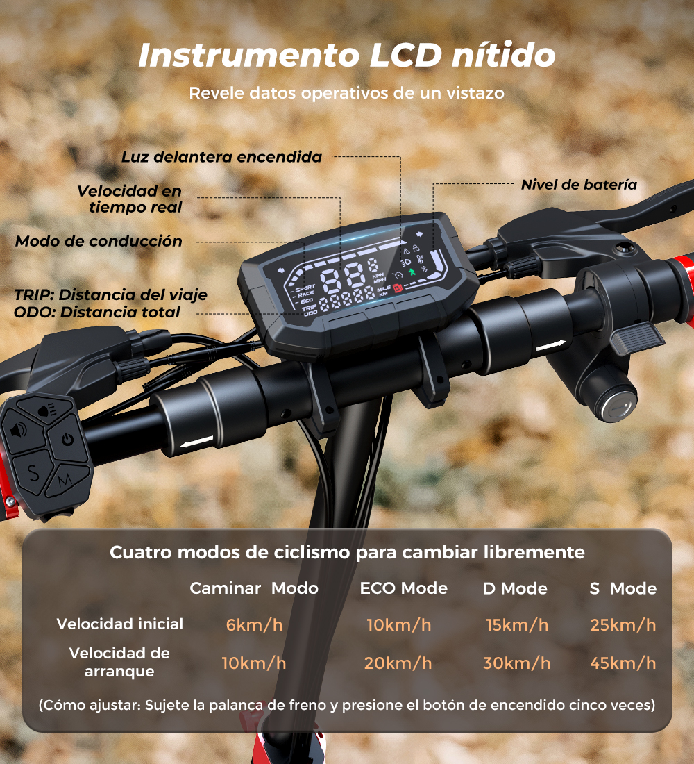 Manubrio e-scooter con display LCD che mostra velocità, modalità di guida e livello batteria.