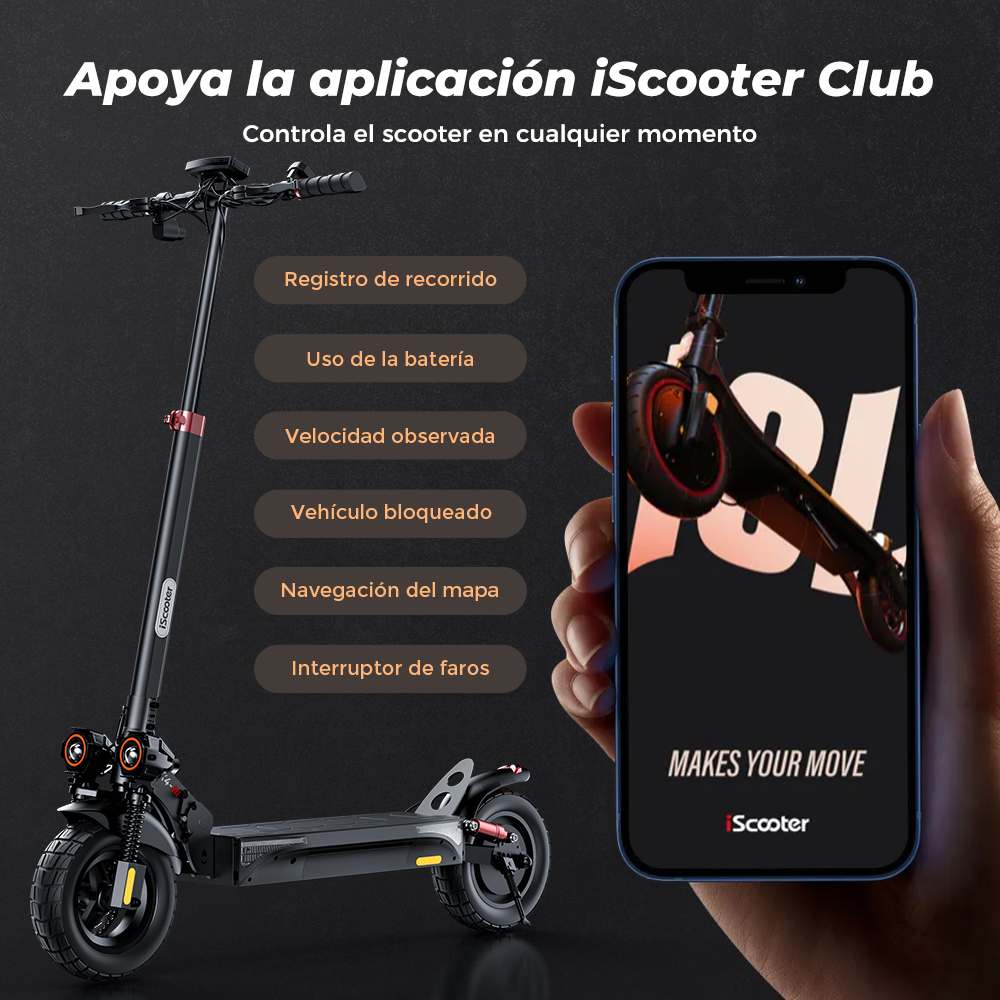 Uno scooter elettrico nero con funzioni app visualizzate su un telefono.