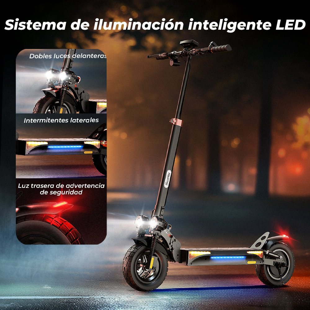 Uno scooter elettrico nero con illuminazione a LED di notte, vista laterale.