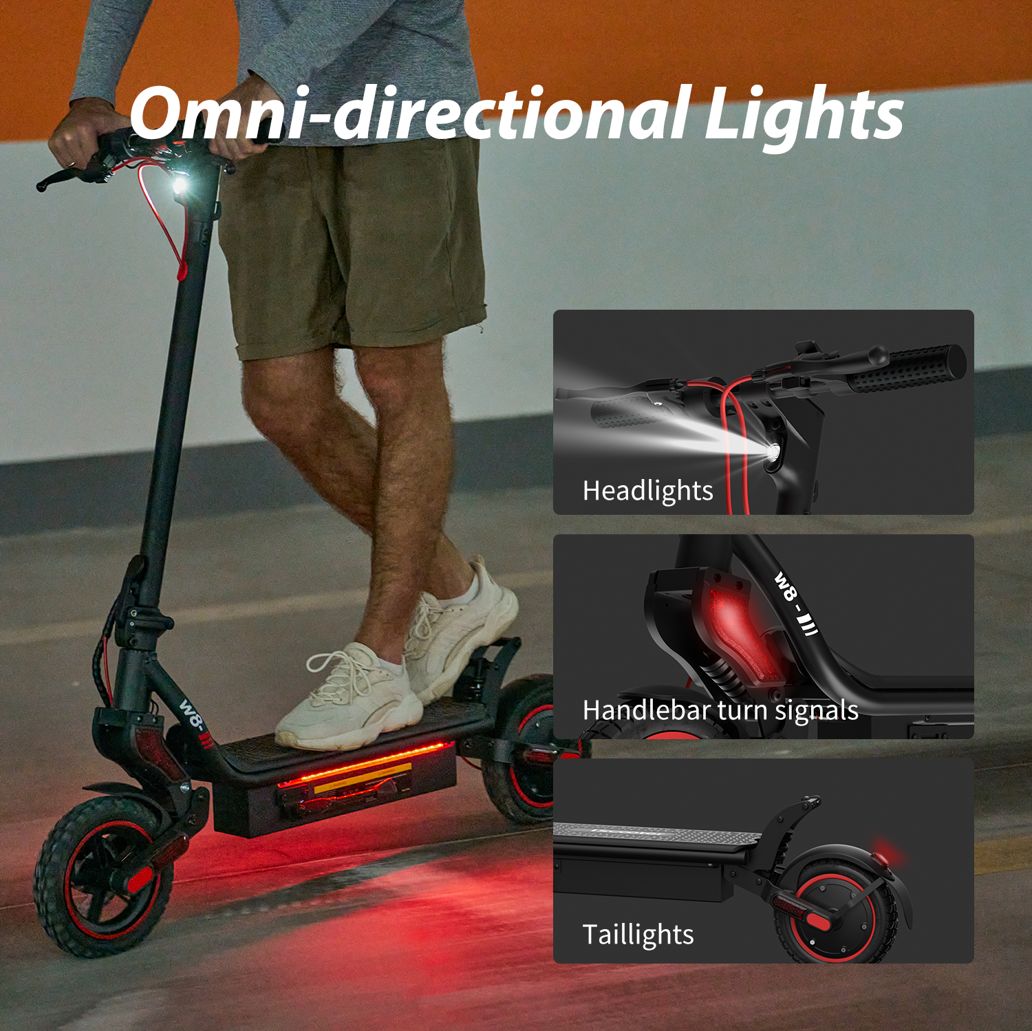 Un uomo su un monopattino elettrico, con fari, indicatori di direzione e fanali posteriori.