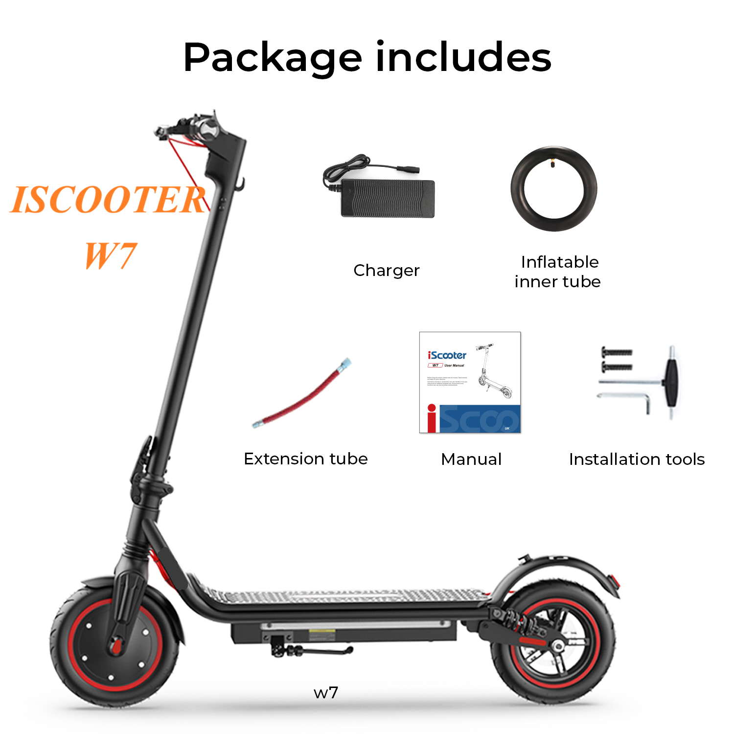 Il pacchetto iScooter W7 include: monopattino, caricatore, camera d'aria, tubo di estensione, manuale, attrezzi.