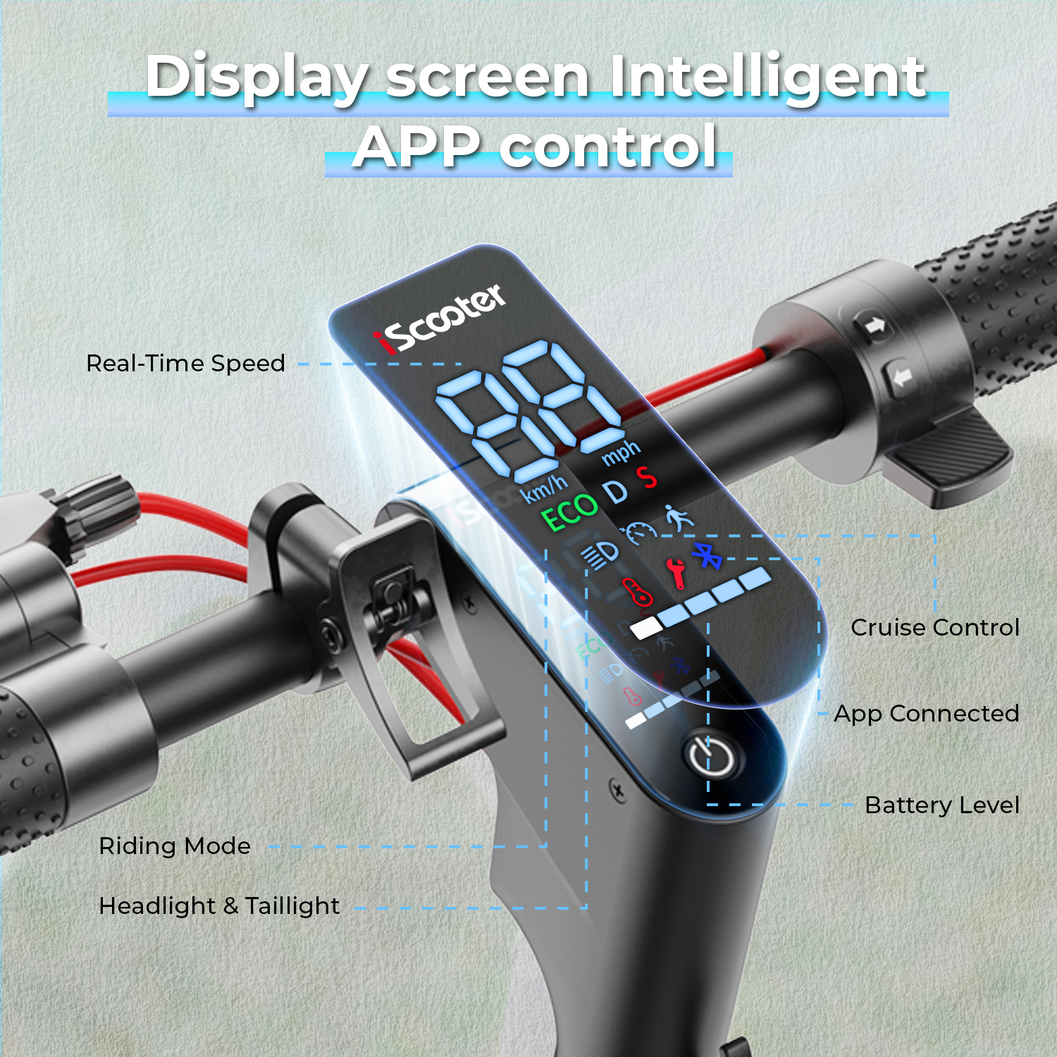 Display monopattino con velocità, livello batteria, modalità di guida e app.