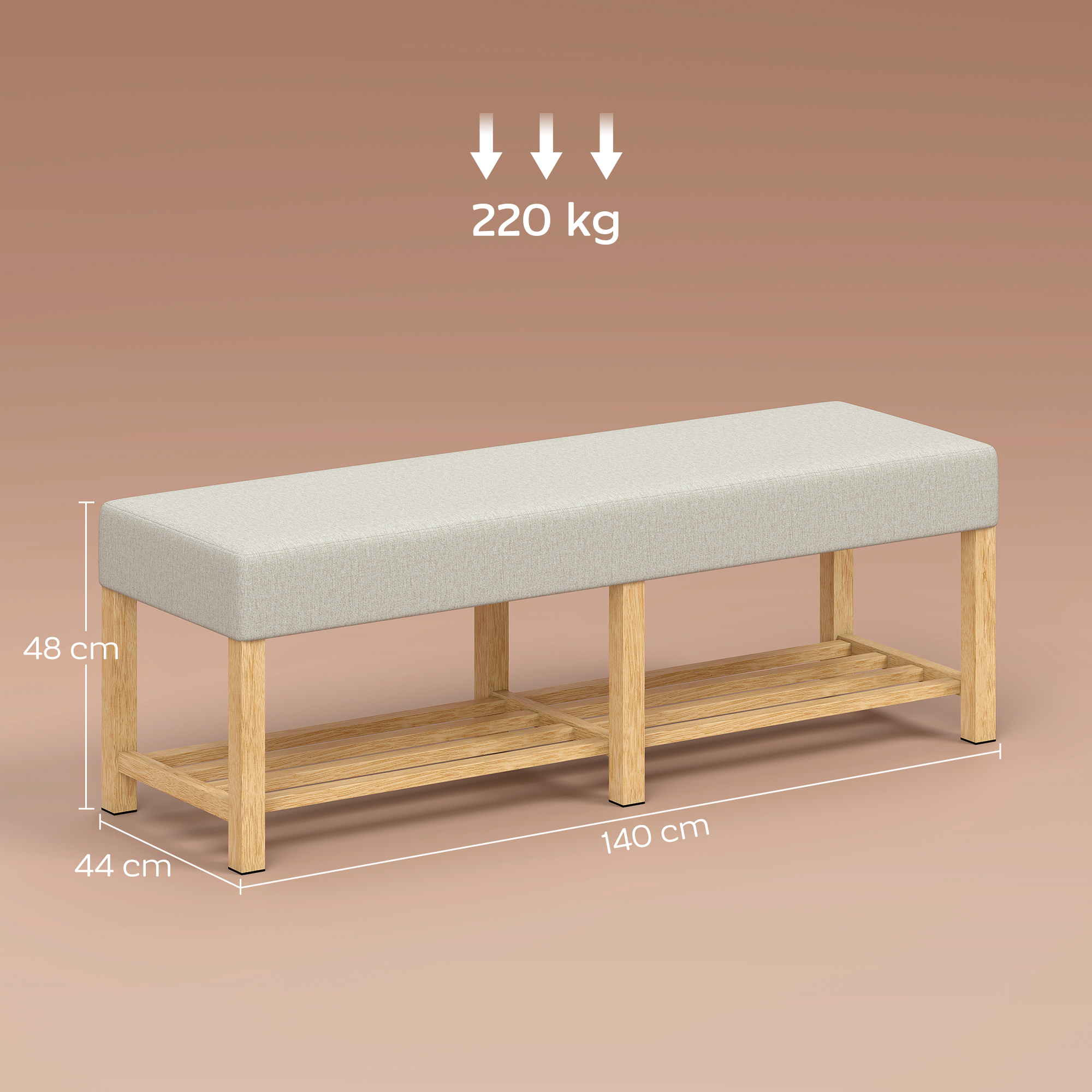 Un banco de color claro con marco de madera, dos estantes, 140x44x48 cm, 220 kg.