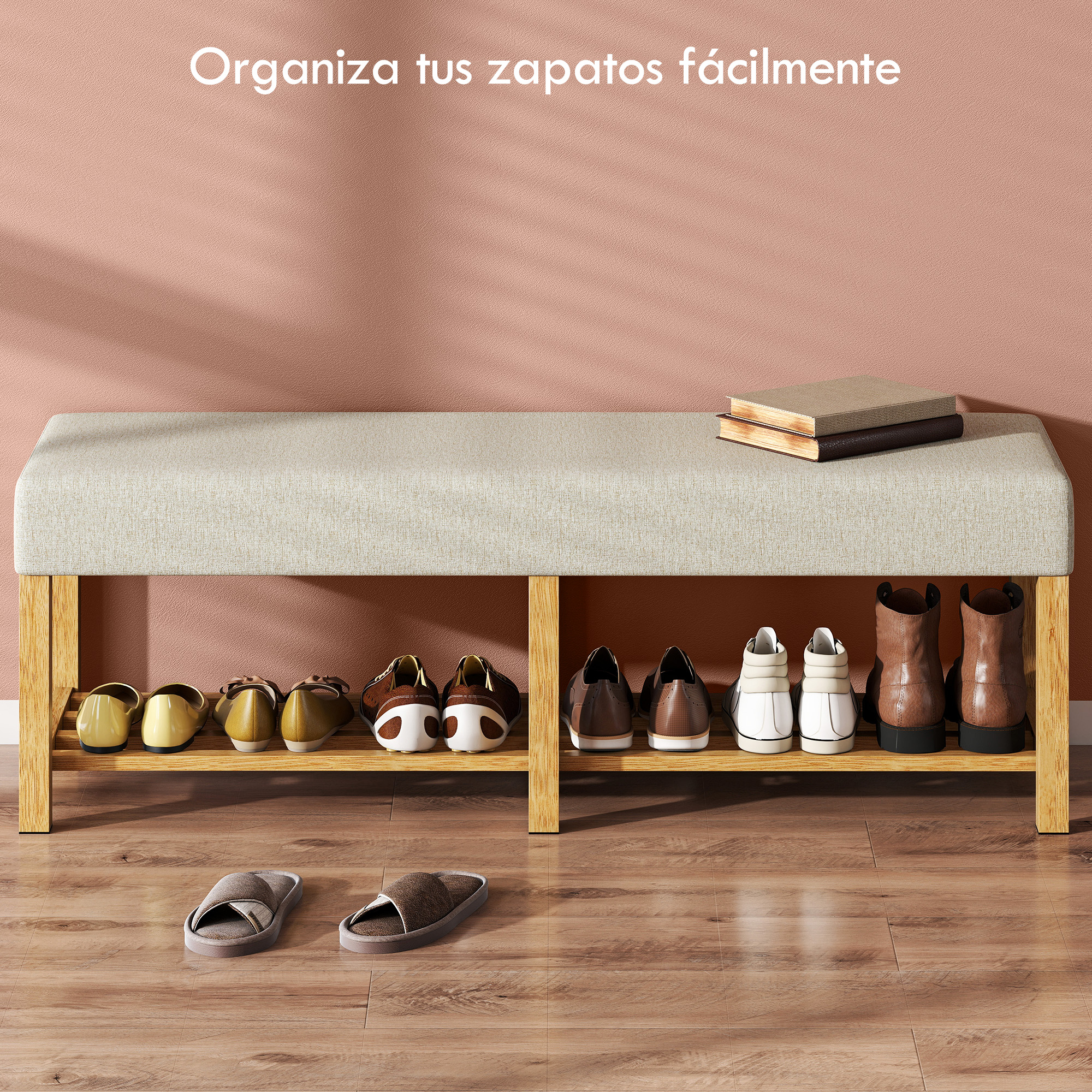 Un zapatero con asiento acolchado, cargado con varios zapatos.