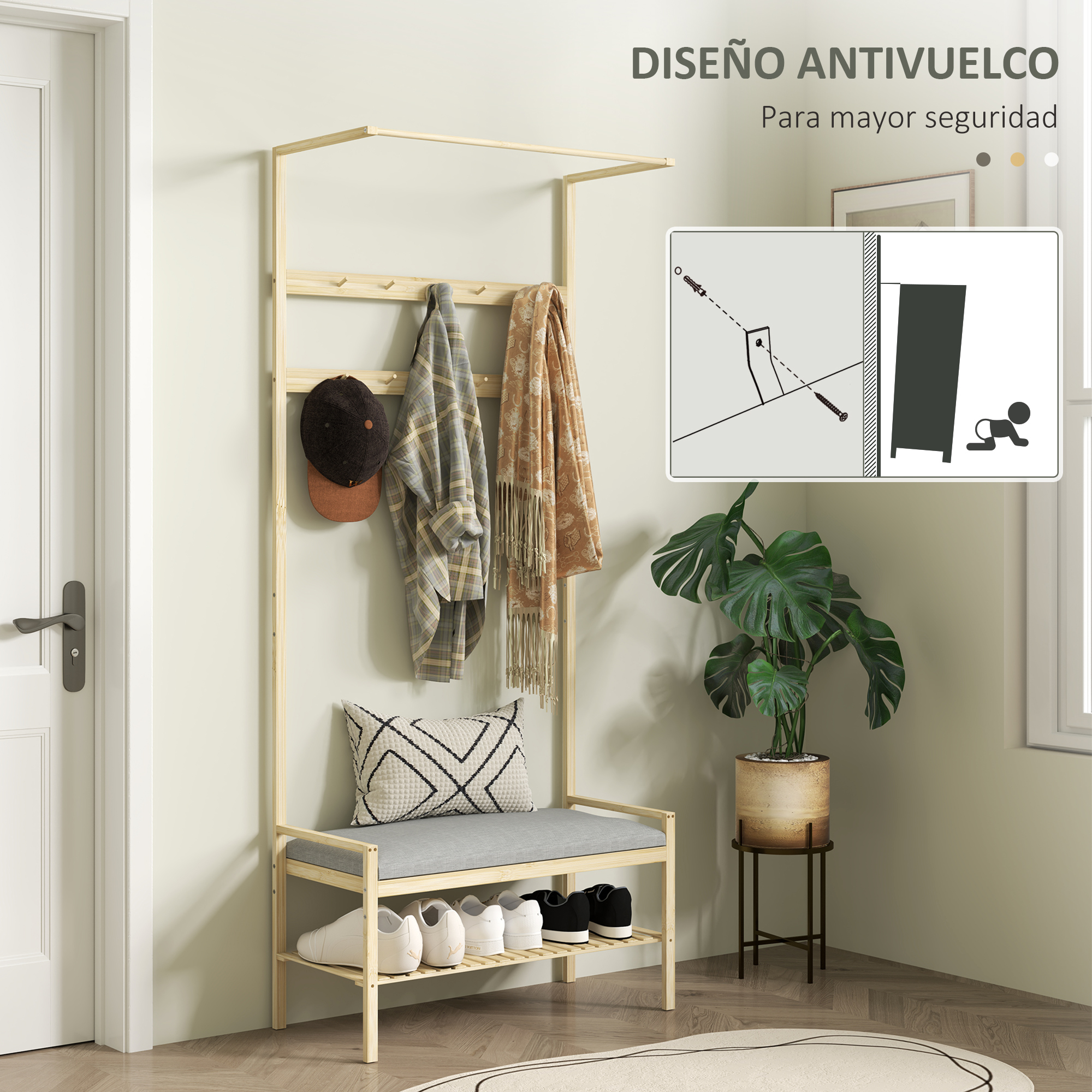 Perchero de madera con banco, ganchos para ropa, zapatos y cojín decorativo.