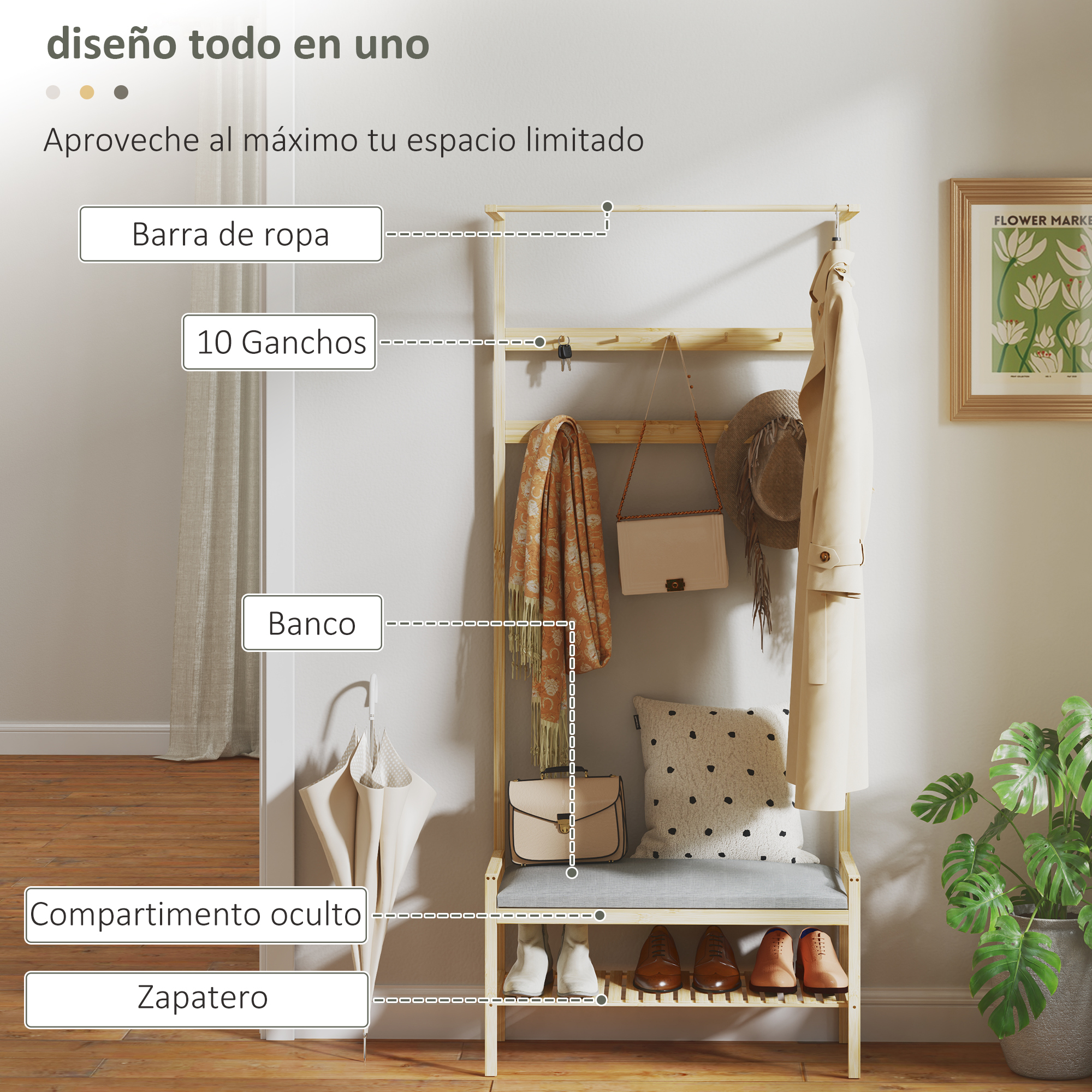 Un perchero de madera con banco, ganchos, barra y zapatero.