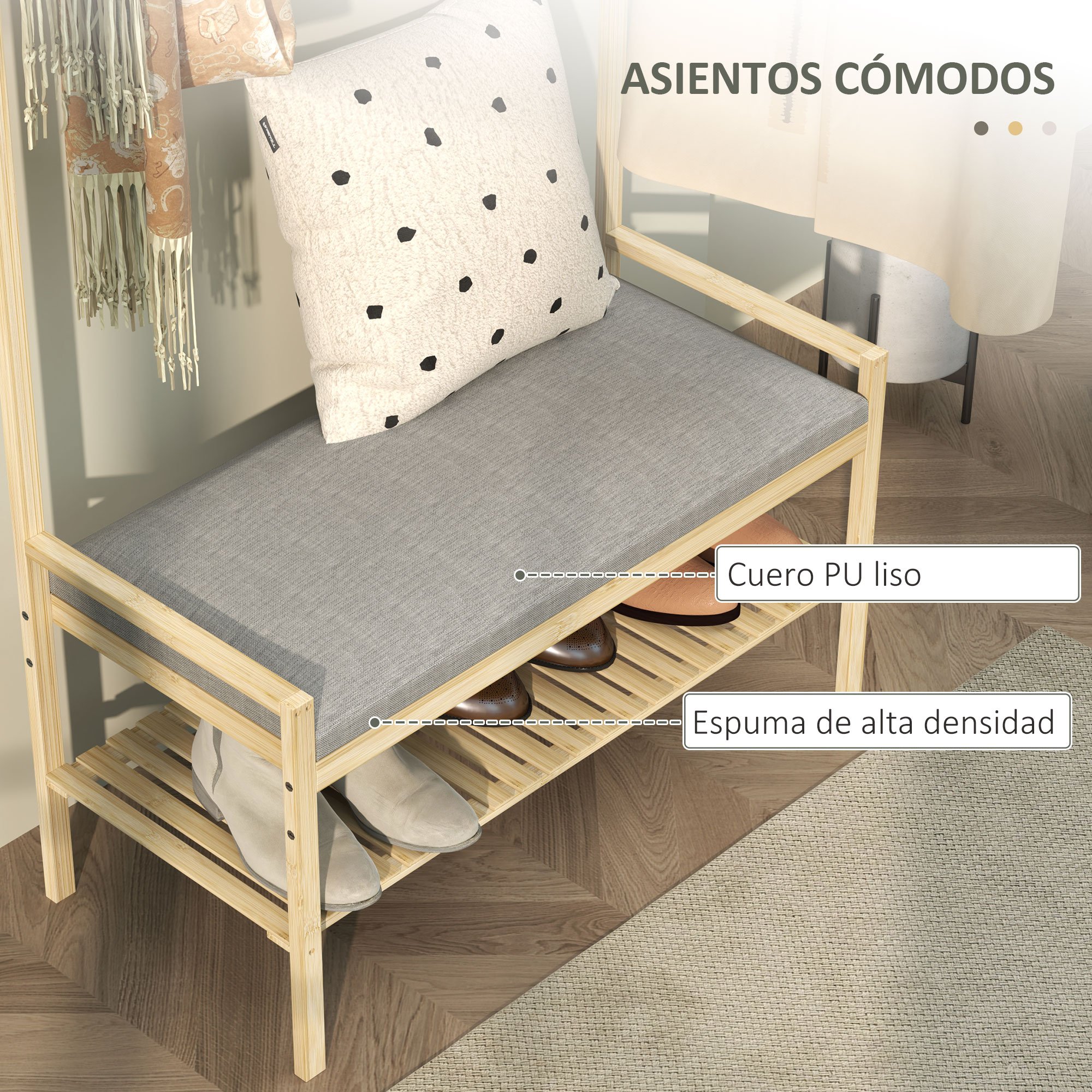 Banco de madera con asiento gris y dos estantes para zapatos.