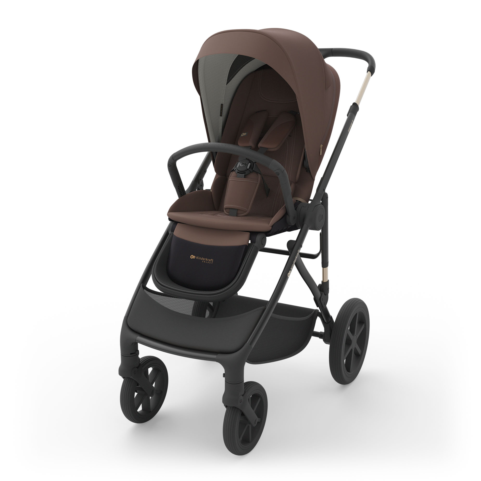 Ein brauner Kinderwagen mit schwarzem Gestell, Sitz und Rädern.